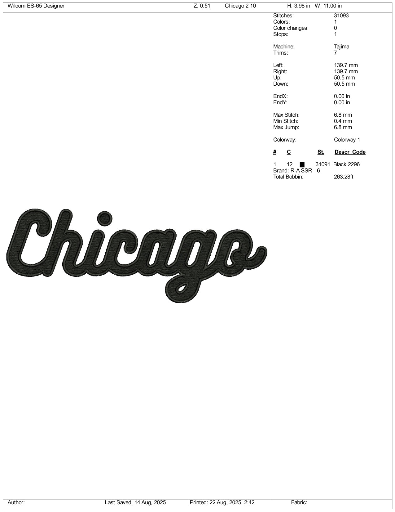 Chicago v2 Embroidery Design Files - 3 Size's