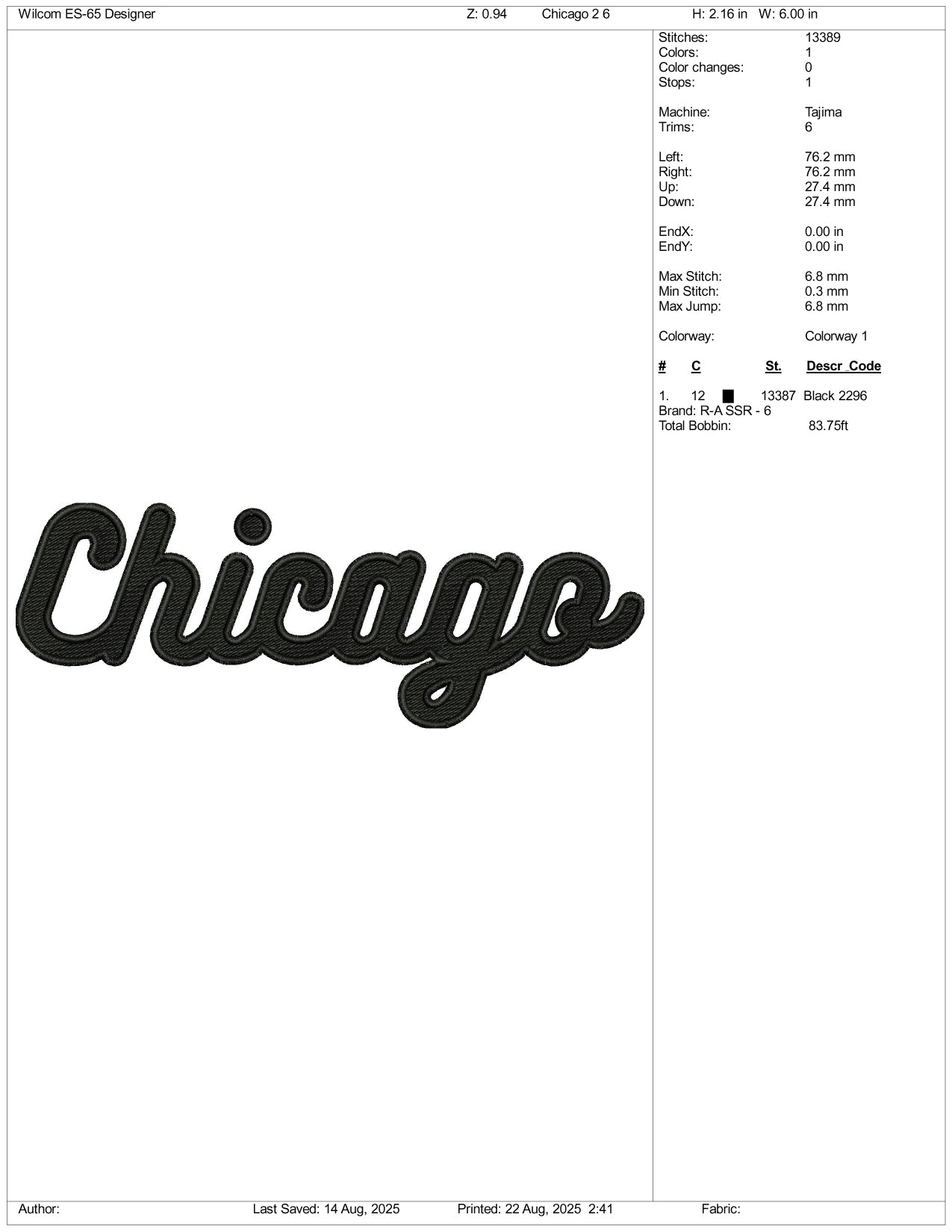 Chicago v2 Embroidery Design Files - 3 Size's