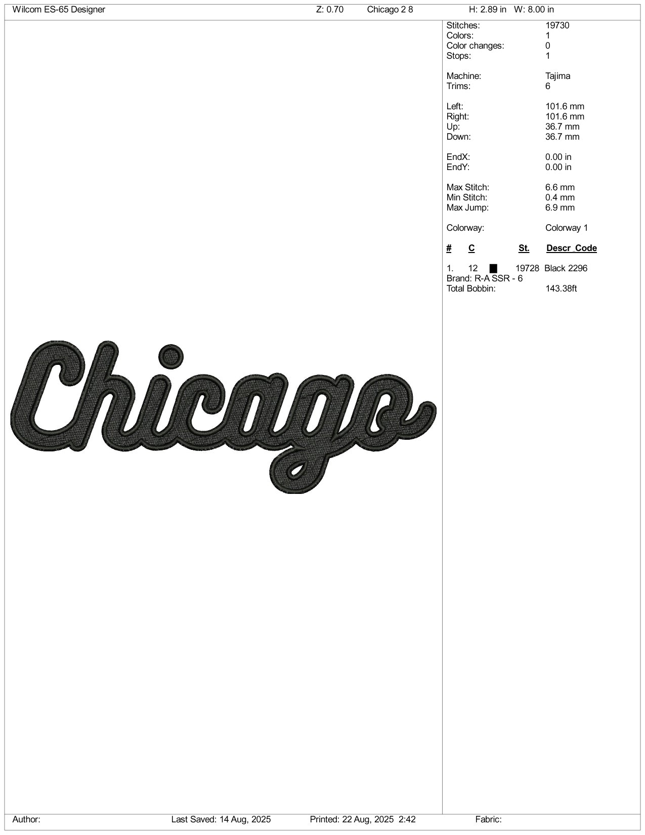 Chicago v2 Embroidery Design Files - 3 Size's