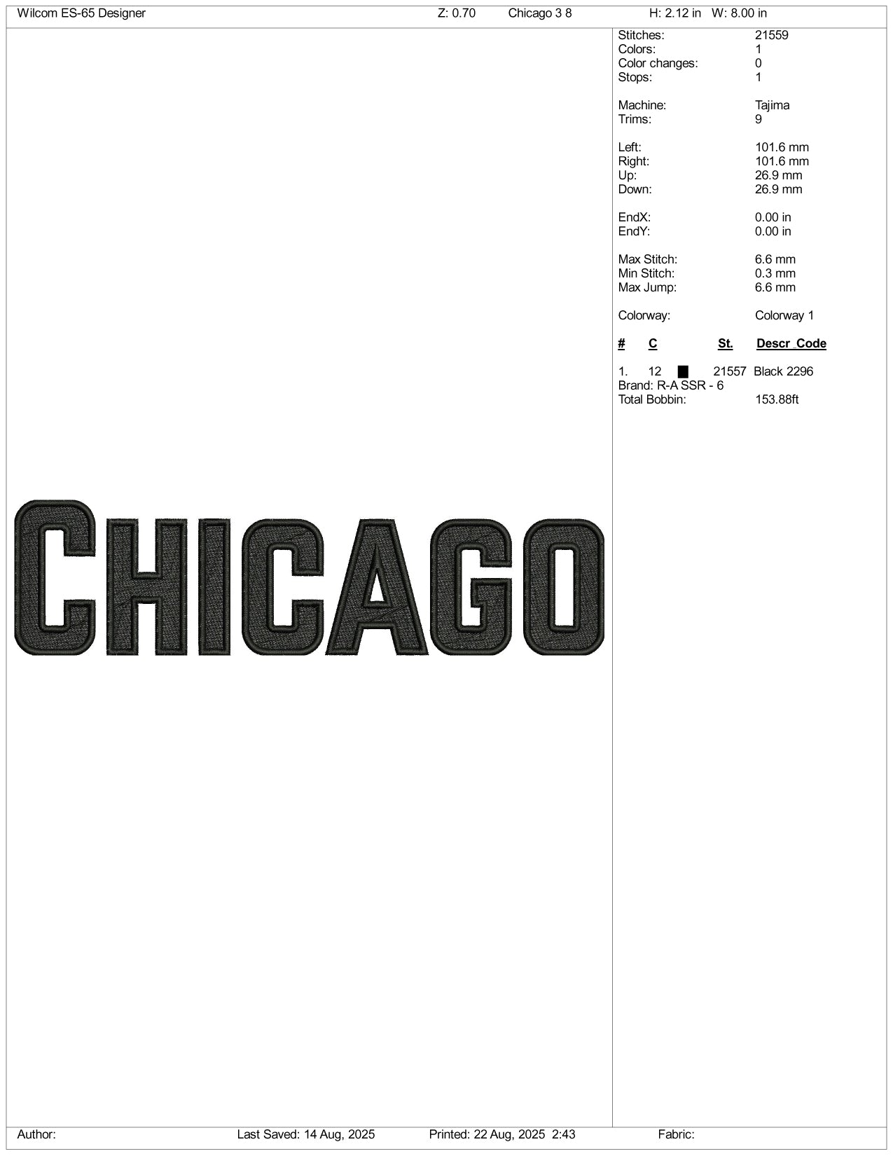 Chicago v3 Embroidery Design Files - 3 Size's