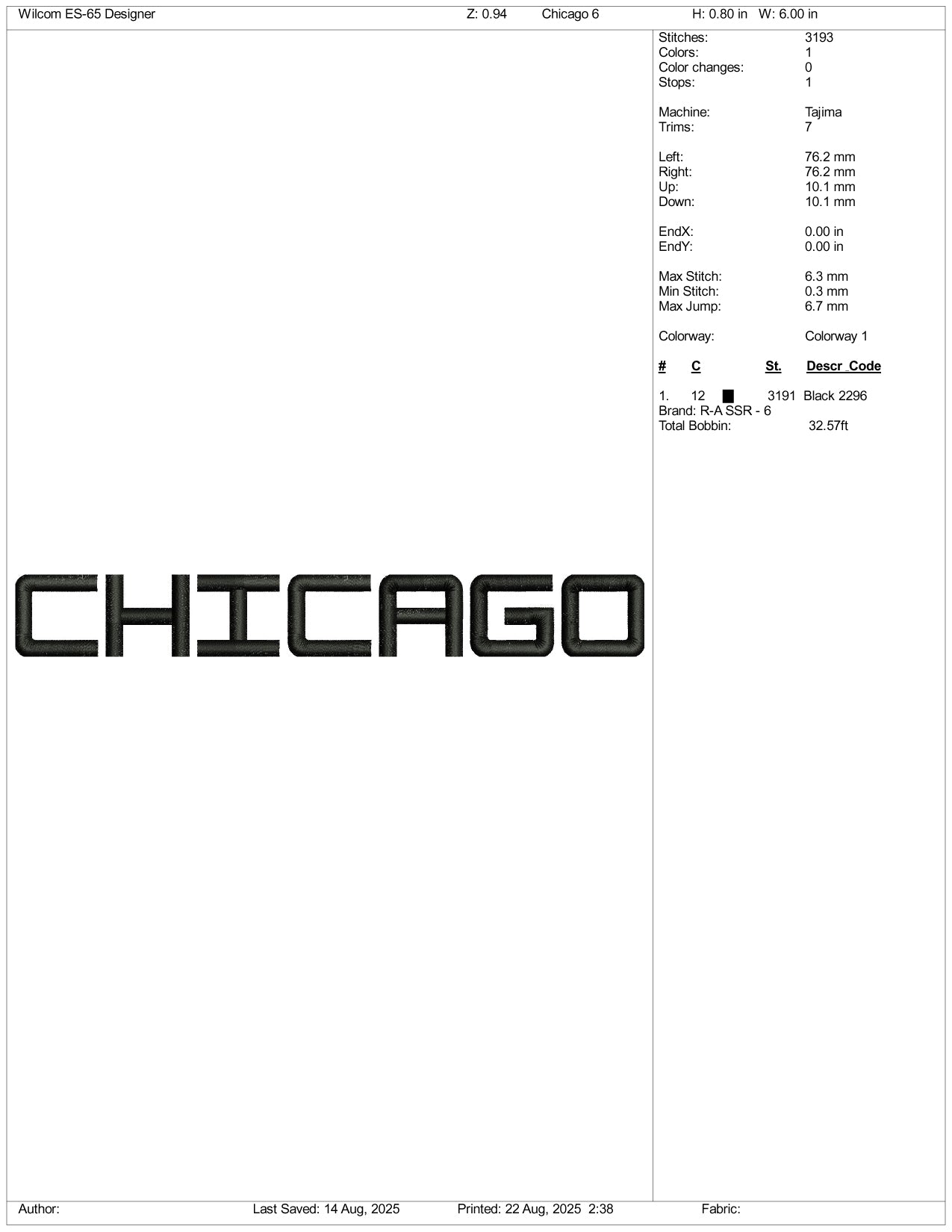 Chicago Embroidery Design Files - 3 Size's