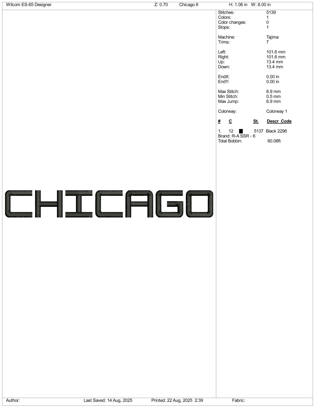Chicago Embroidery Design Files - 3 Size's
