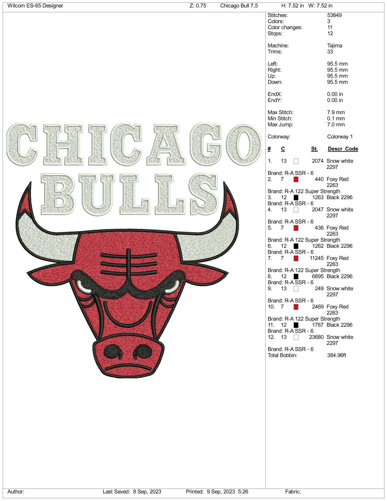 Chicago Bull Embroidery Design Files - 3 Size's