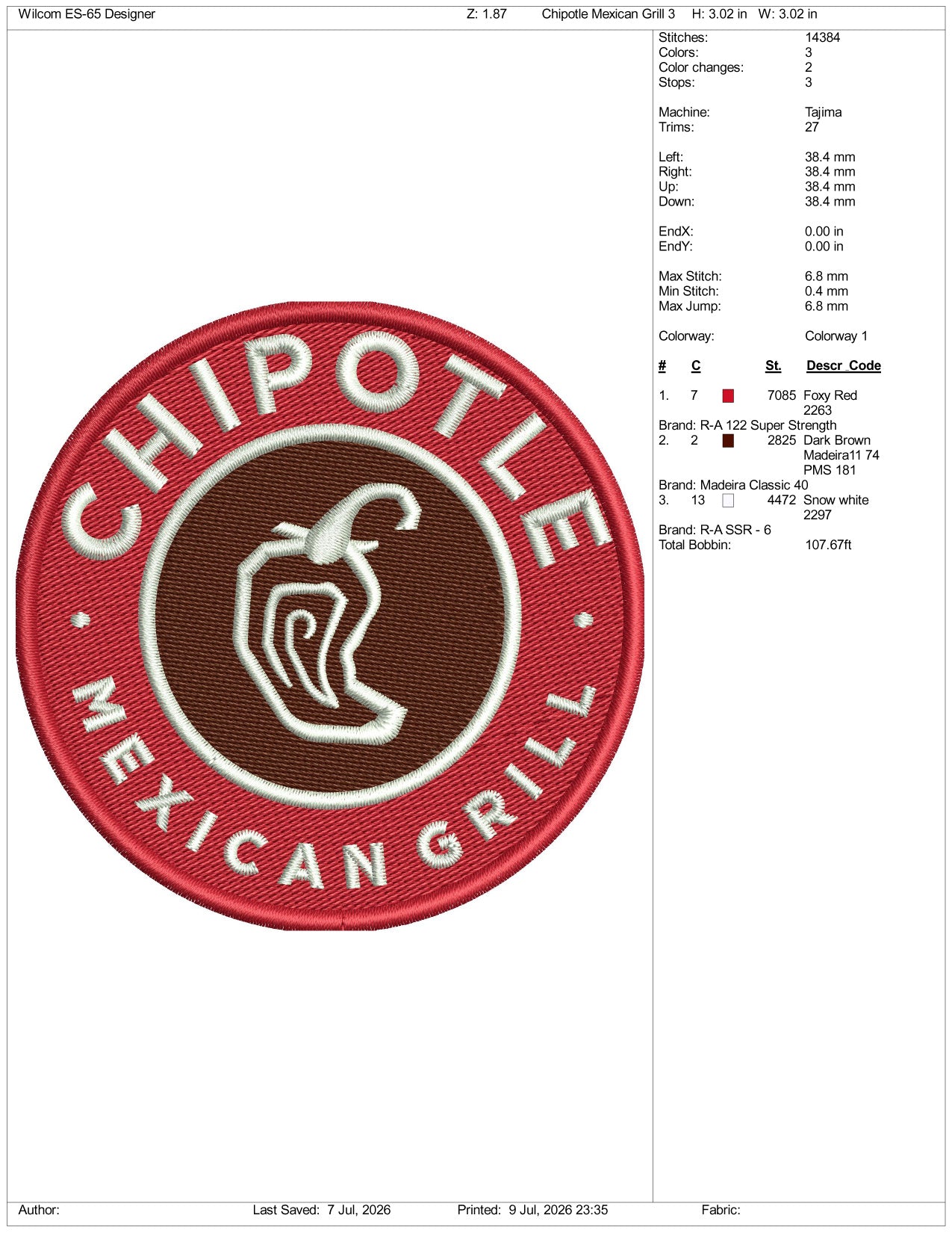 Chipotle Mexican Grill Logo Embroidery Design Files - 3 Size's