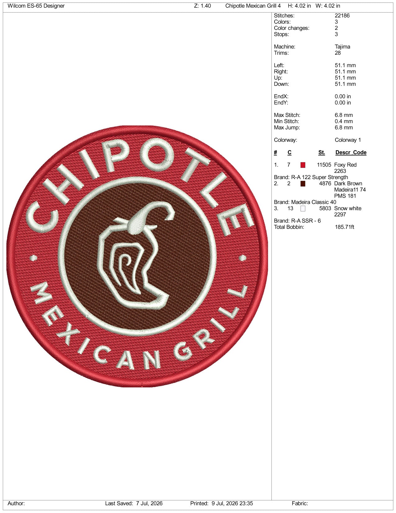 Chipotle Mexican Grill Logo Embroidery Design Files - 3 Size's
