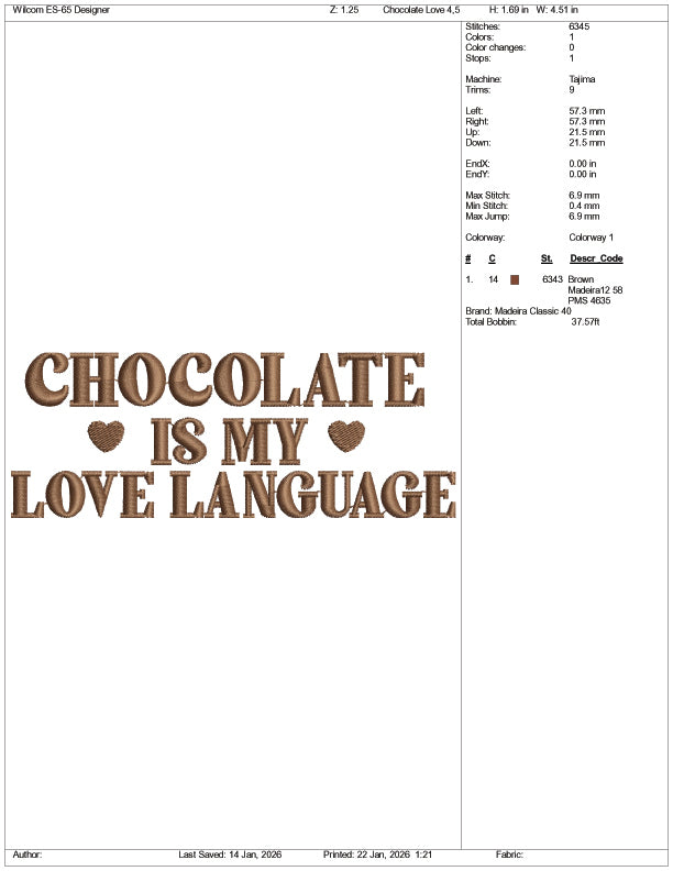 Chocolate Is My Love Language Embroidery Design Files - 3 Size's