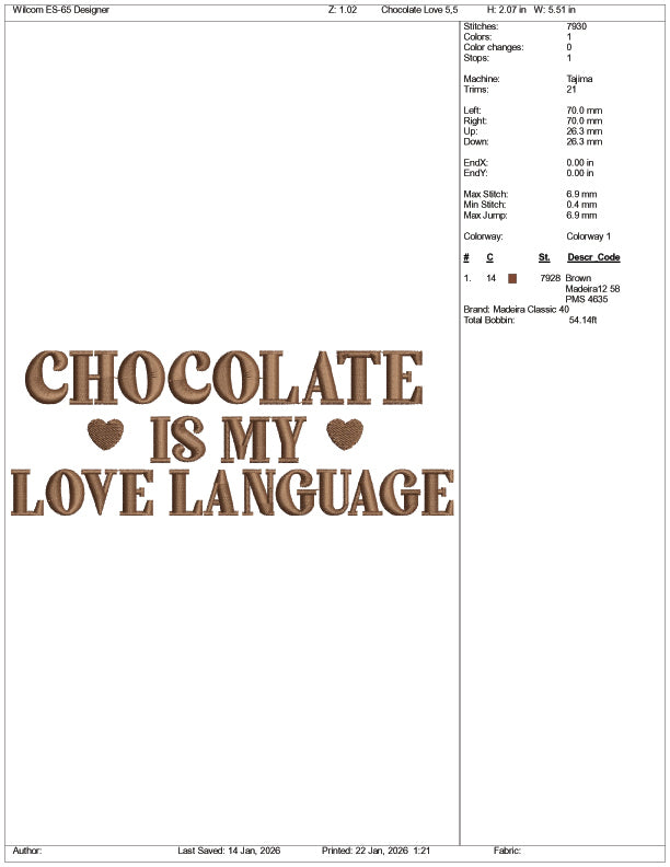 Chocolate Is My Love Language Embroidery Design Files - 3 Size's