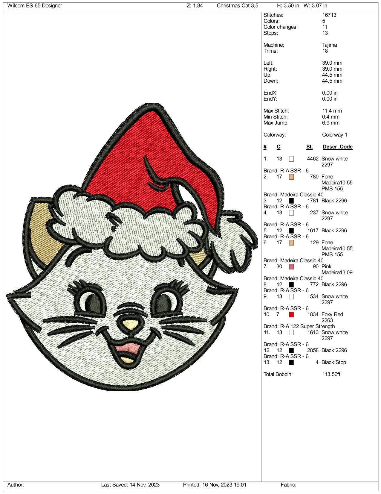 Christmas Kitten Embroidery Design Files - 3 Size's