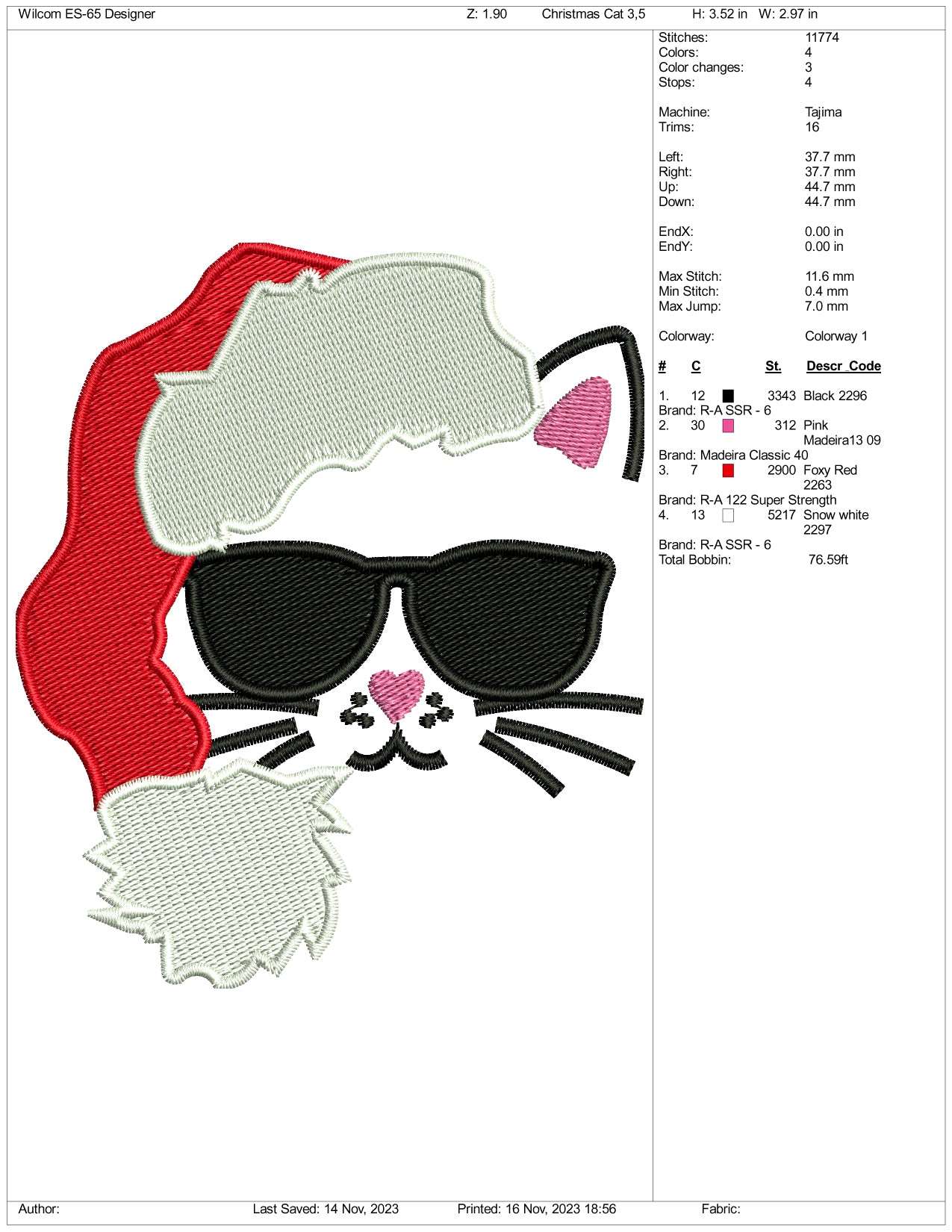 Christmas Santa Cat Embroidery Design Files - 3 Size's