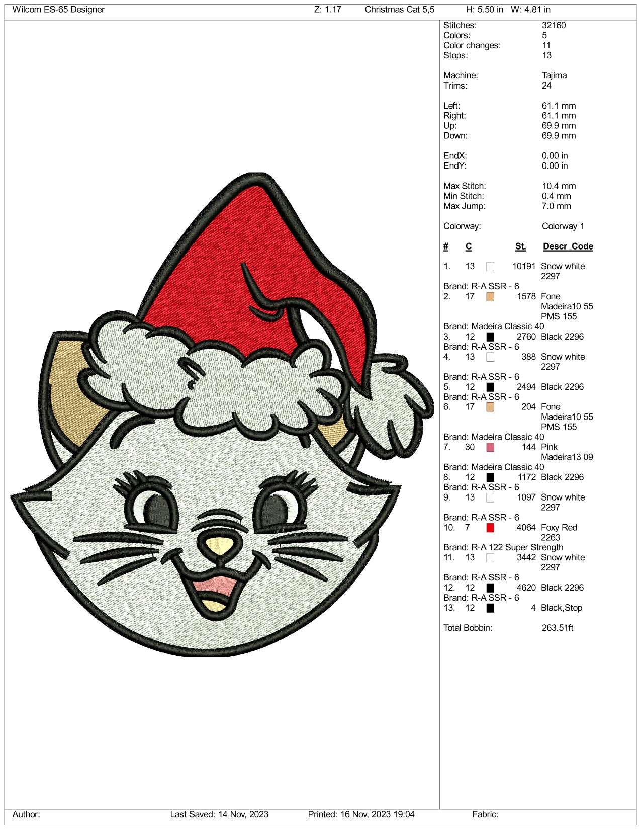 Christmas Kitten Embroidery Design Files - 3 Size's