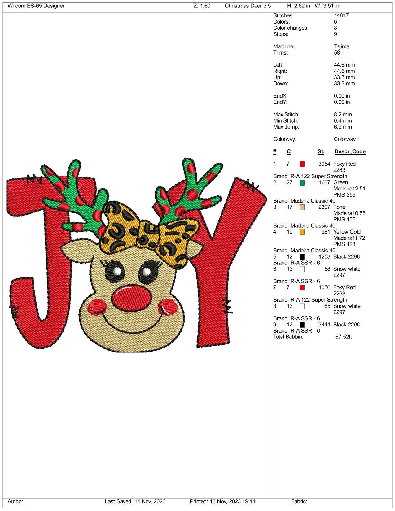 Christmas Joy Deer Embroidery Design Files - 3 Size's