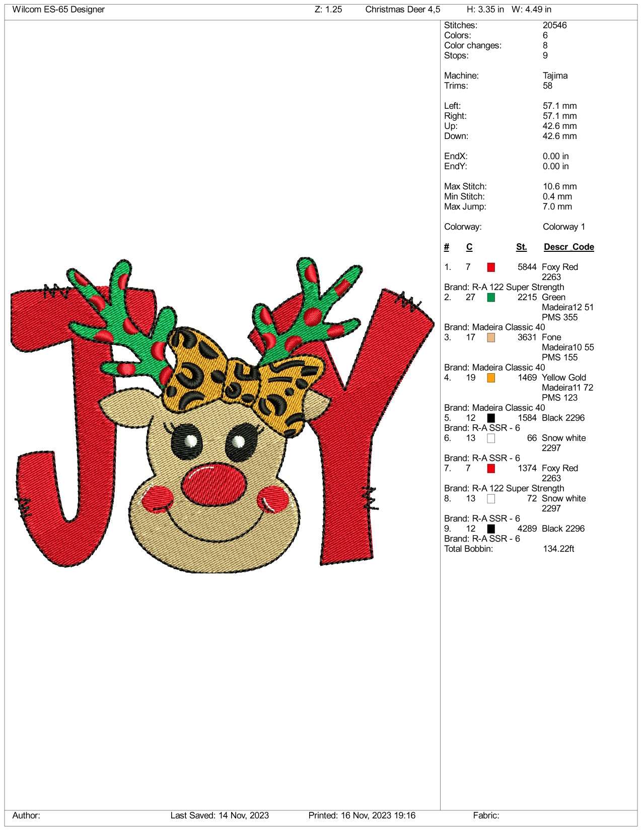 Christmas Joy Deer Embroidery Design Files - 3 Size's