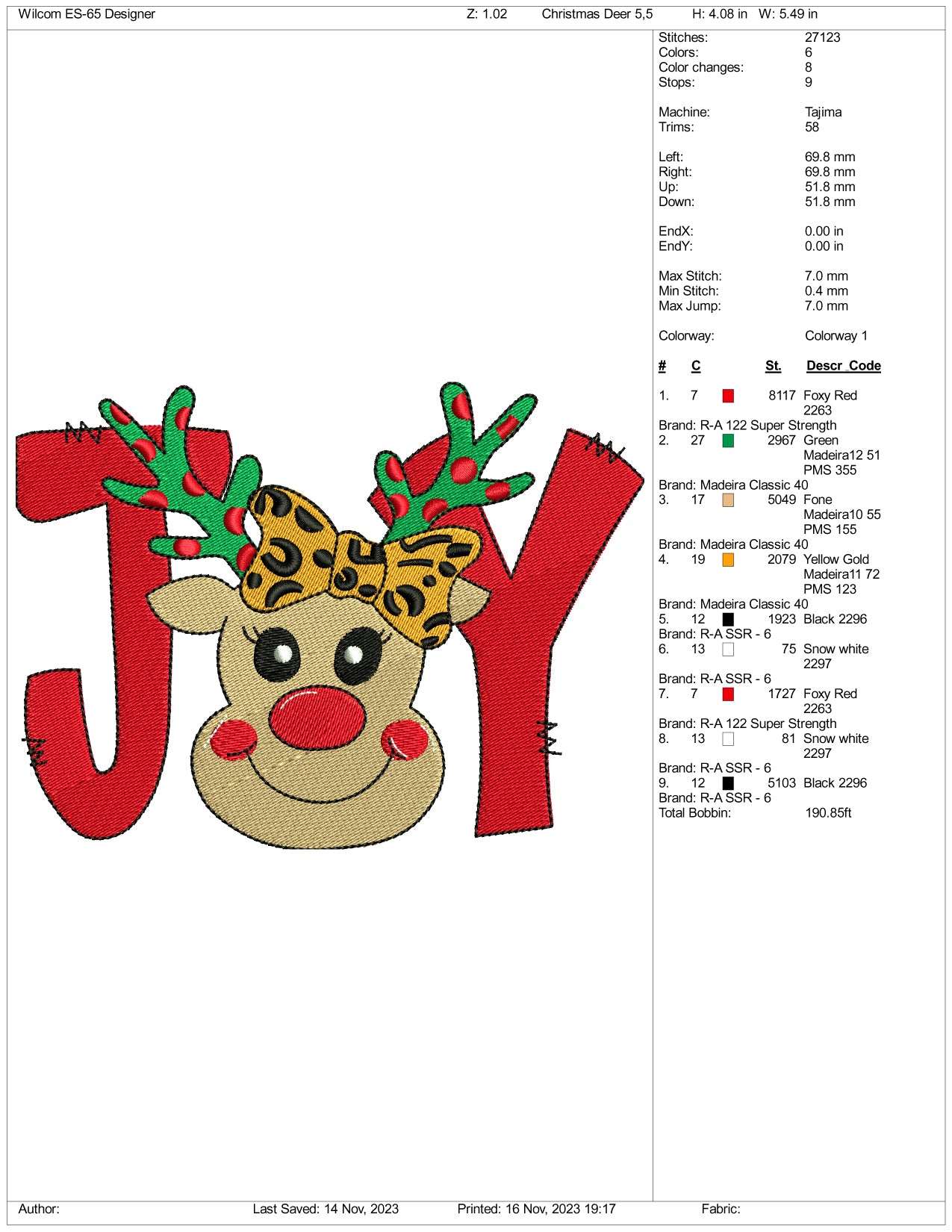 Christmas Joy Deer Embroidery Design Files - 3 Size's