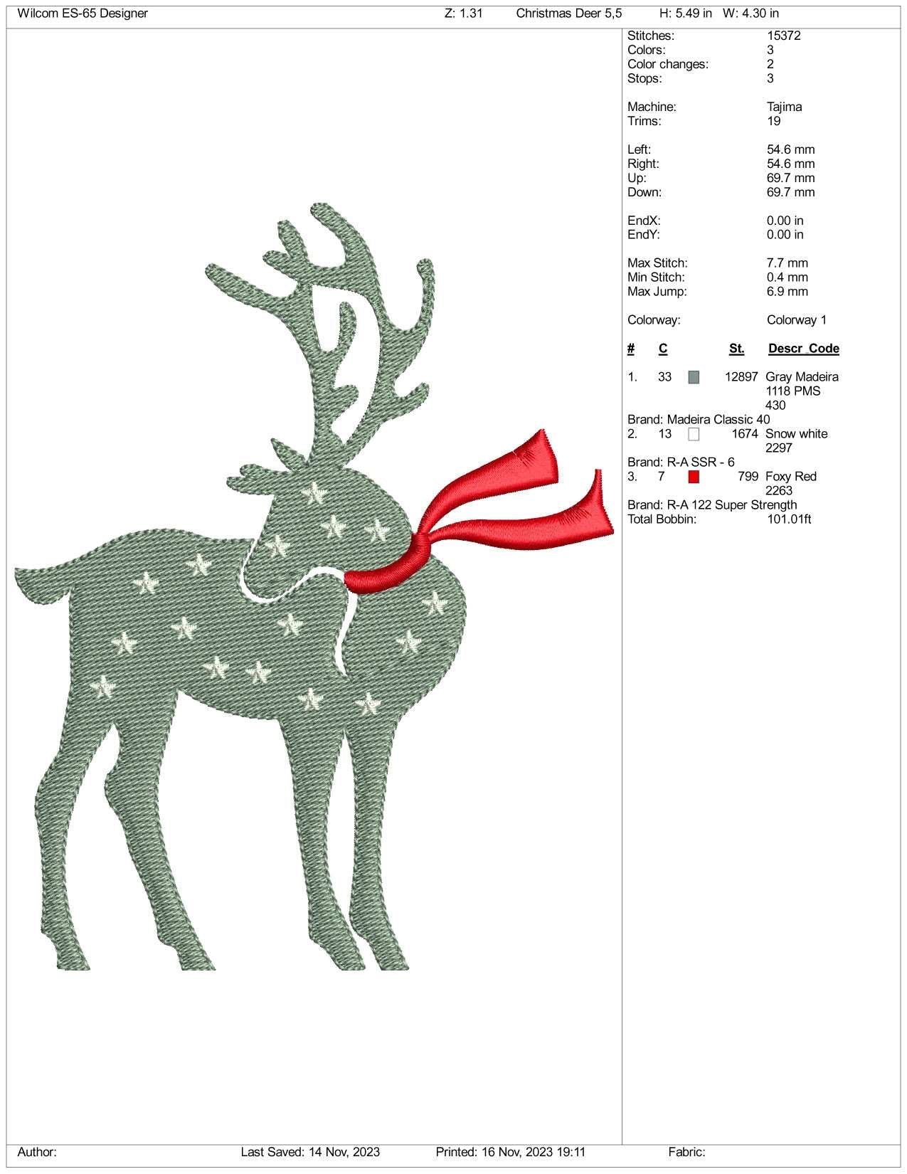 Christmas Deer Embroidery Design Files - 3 Size's