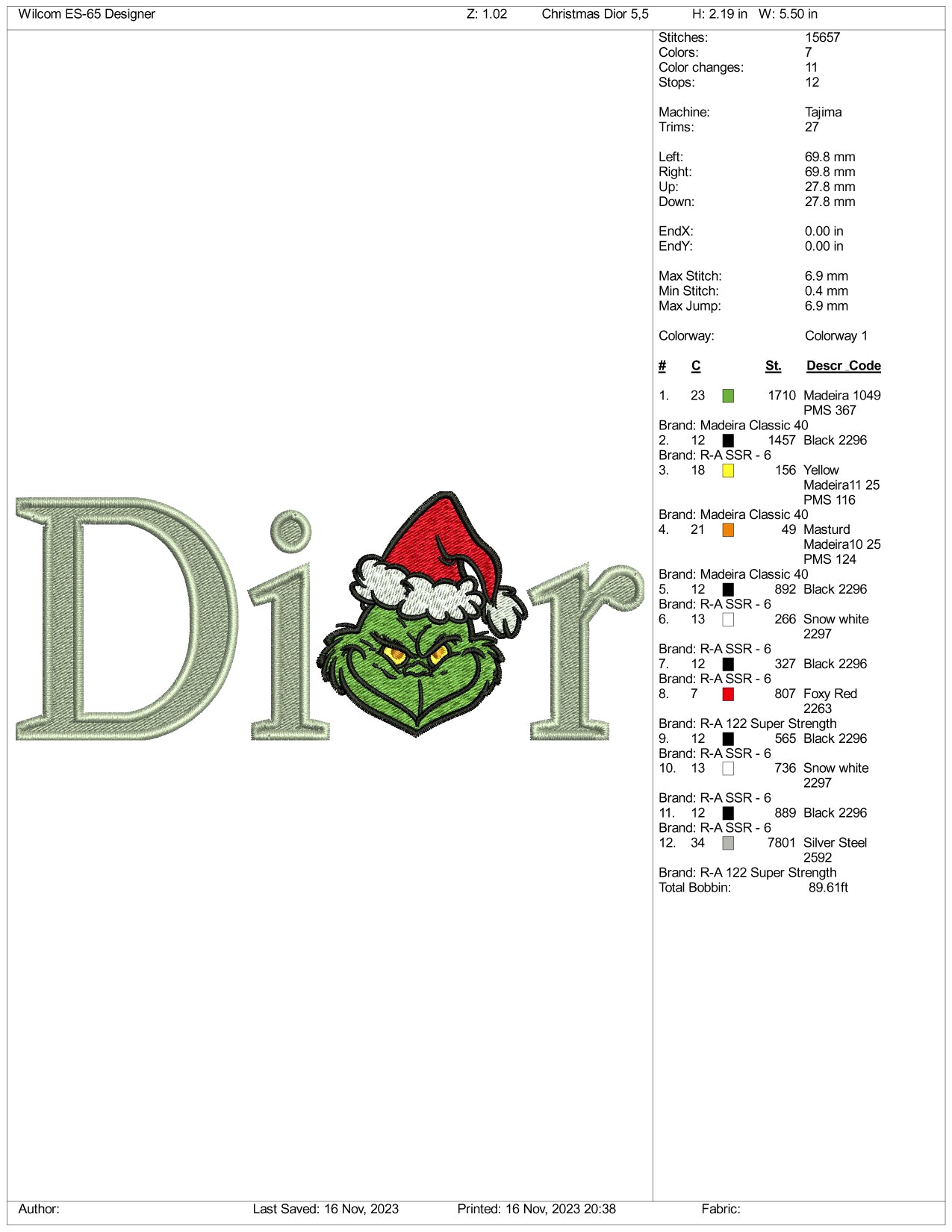 Grinch Dior Embroidery Design Files - 3 Size's