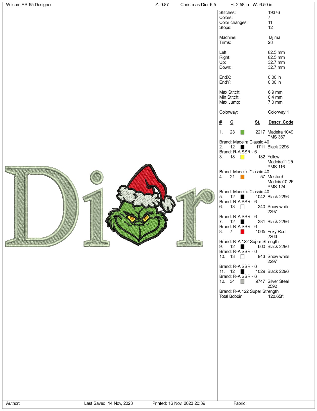 Grinch Dior Embroidery Design Files - 3 Size's