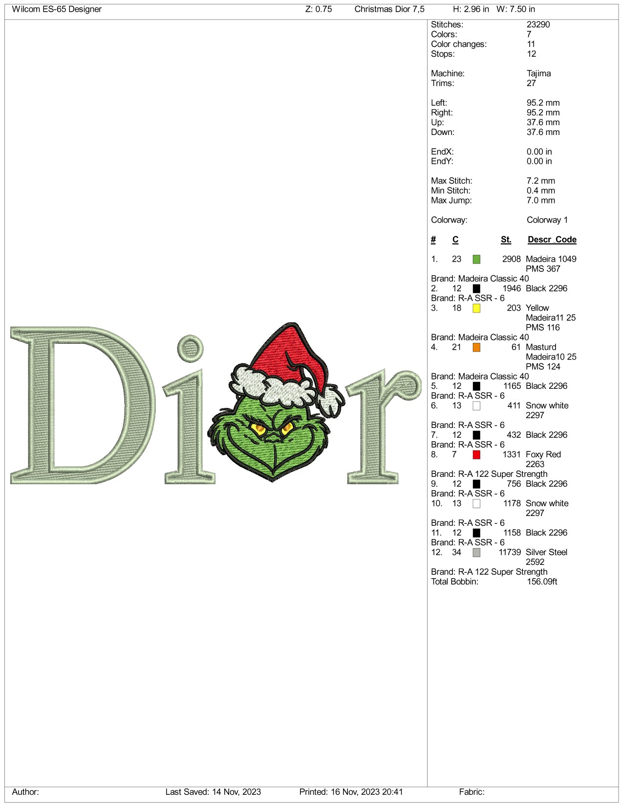 Grinch Dior Embroidery Design Files - 3 Size's