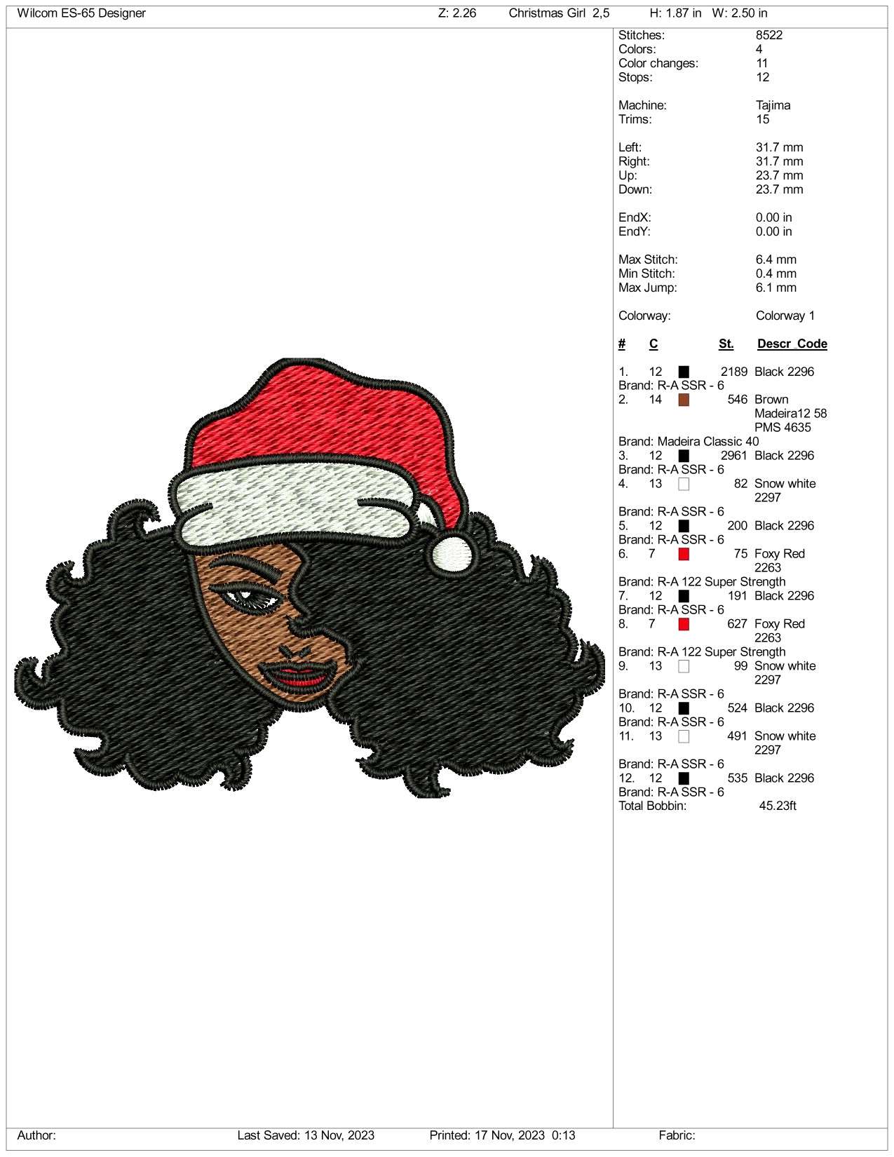 Christmas Girl Face Embroidery Design Files - 3 Size's