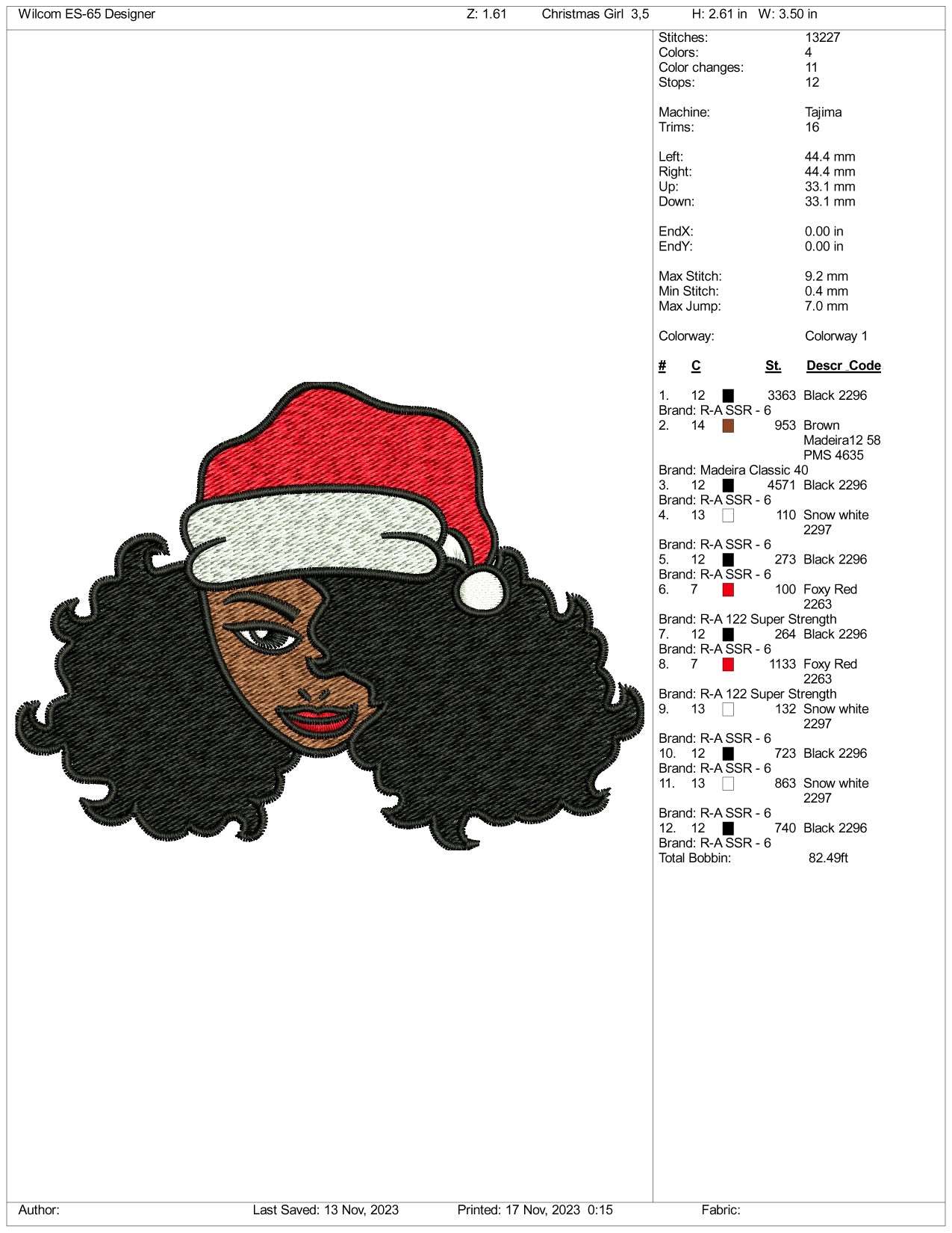 Christmas Girl Face Embroidery Design Files - 3 Size's