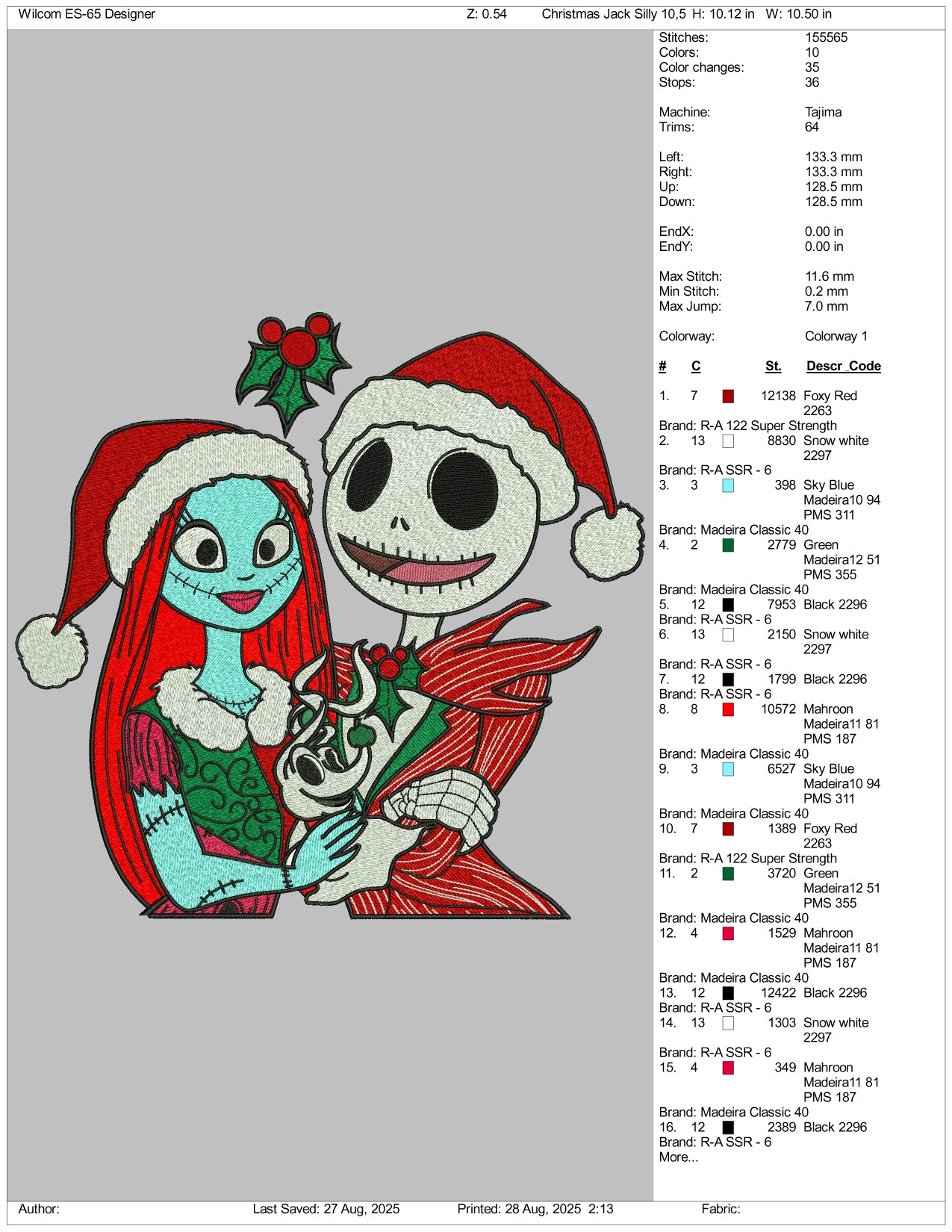 Jack & Sally Christmas Embroidery Design Files - 3 Size's