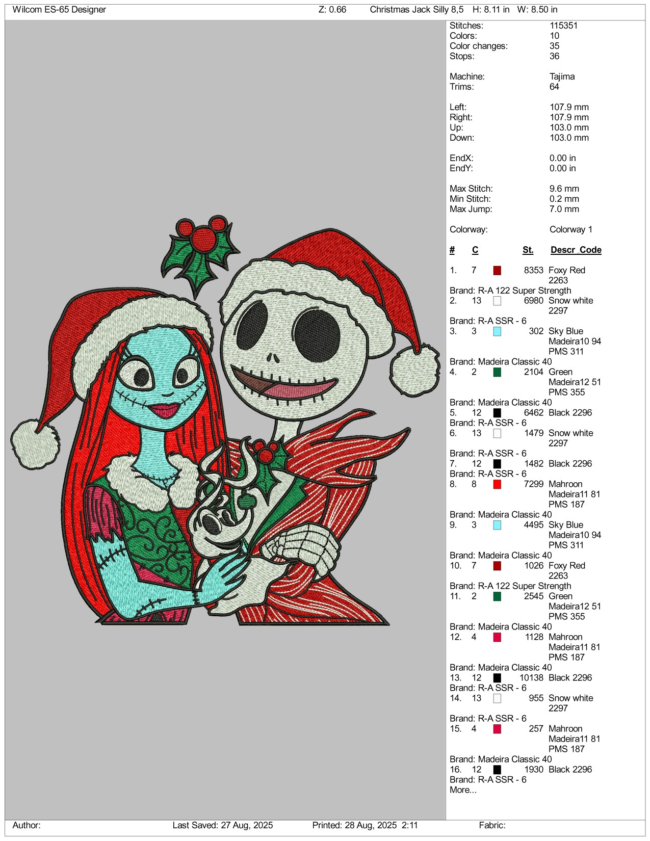 Jack & Sally Christmas Embroidery Design Files - 3 Size's