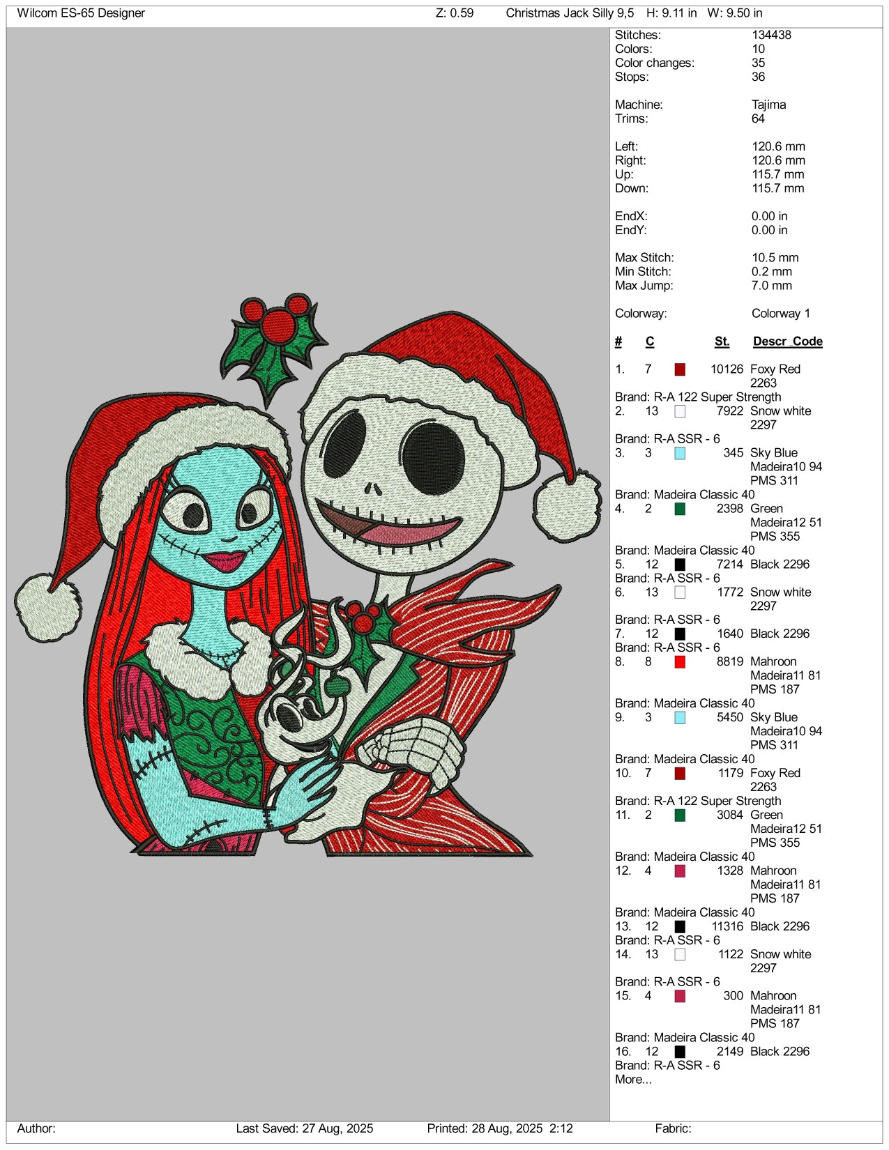 Jack & Sally Christmas Embroidery Design Files - 3 Size's