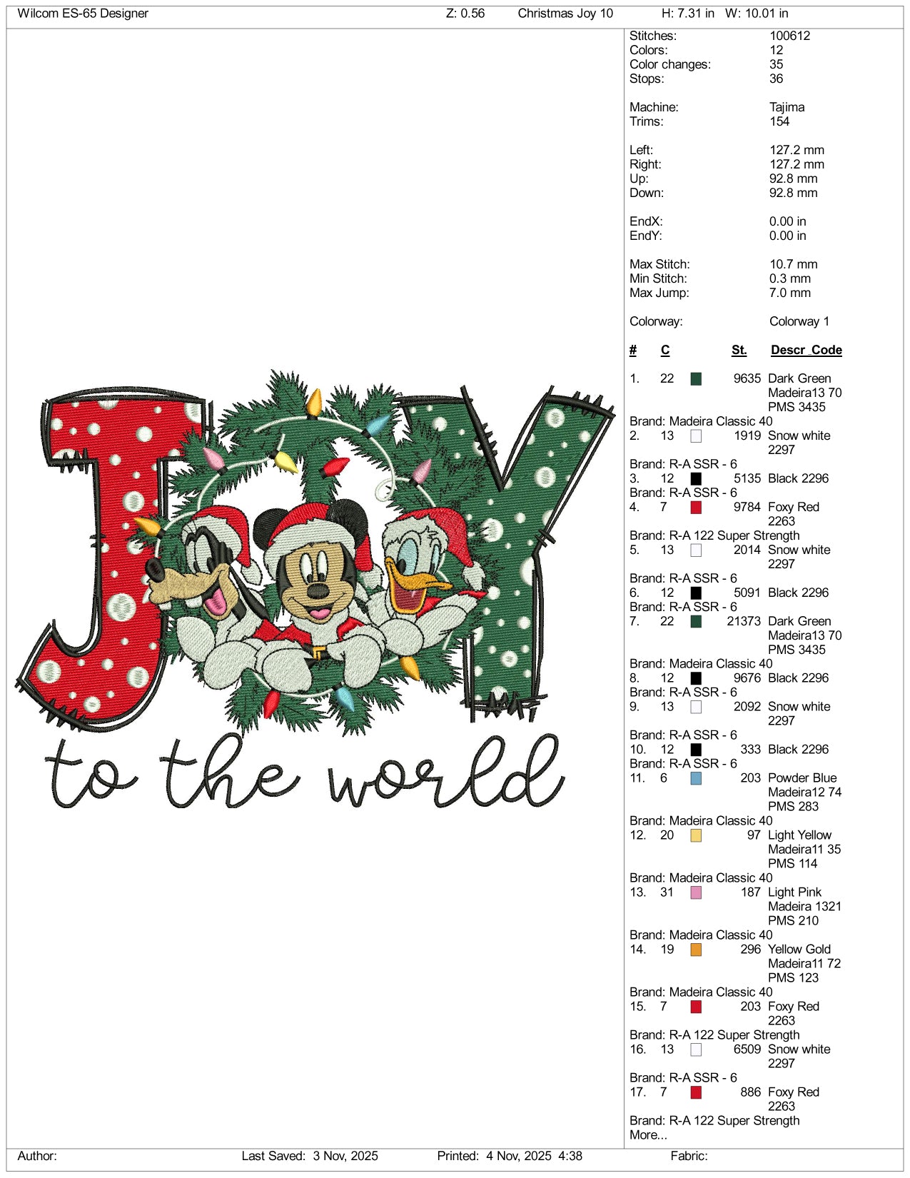 Mickey Mouse Joy To The World Embroidery Design Files - 3 Size's