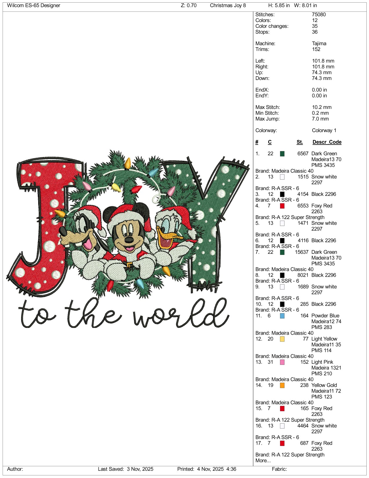 Mickey Mouse Joy To The World Embroidery Design Files - 3 Size's
