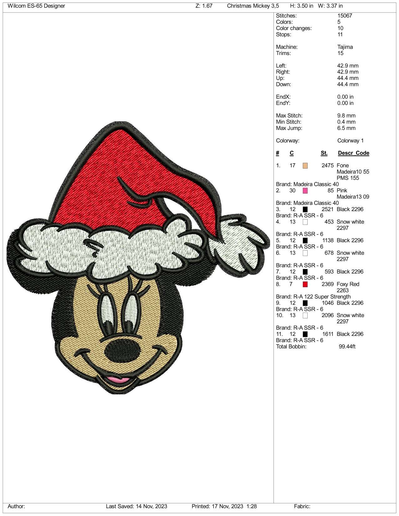 Christmas Mickey Mouse Santa Embroidery Design Files - 3 Size's