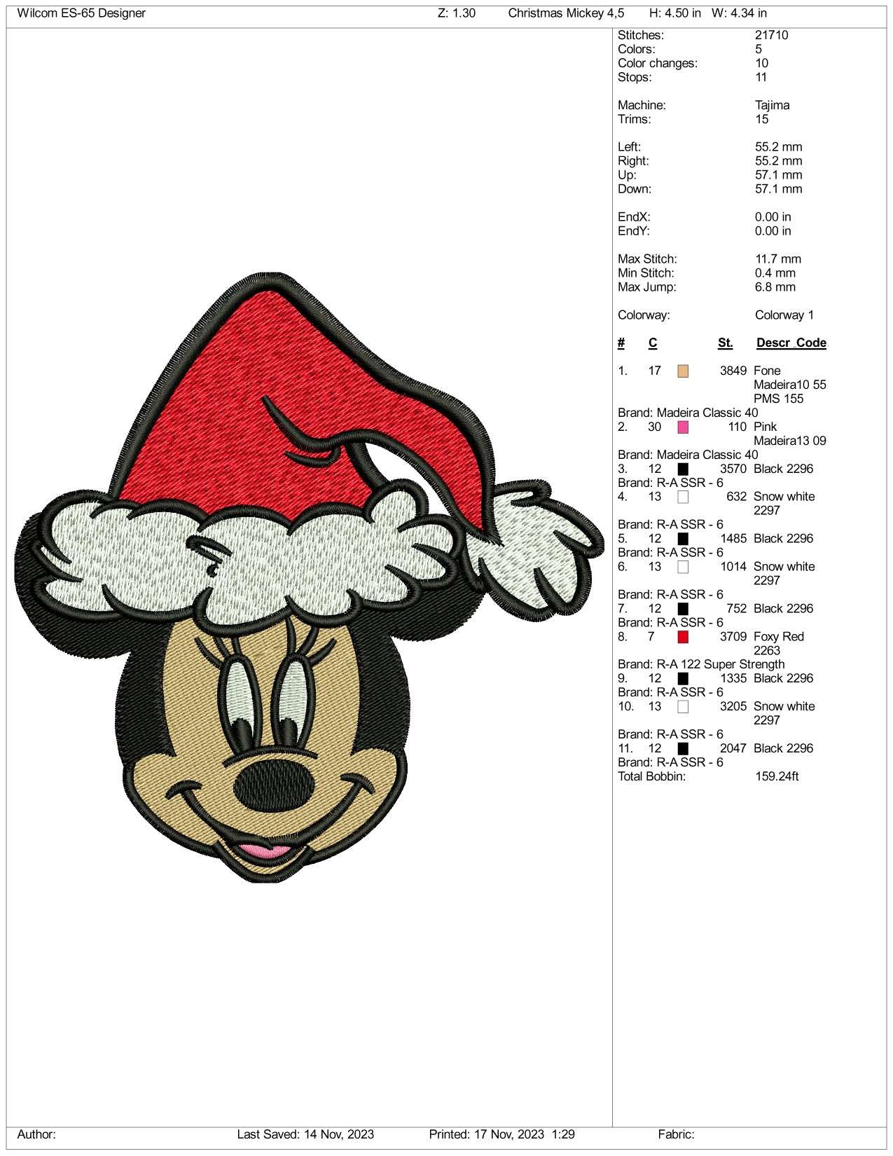 Christmas Mickey Mouse Santa Embroidery Design Files - 3 Size's