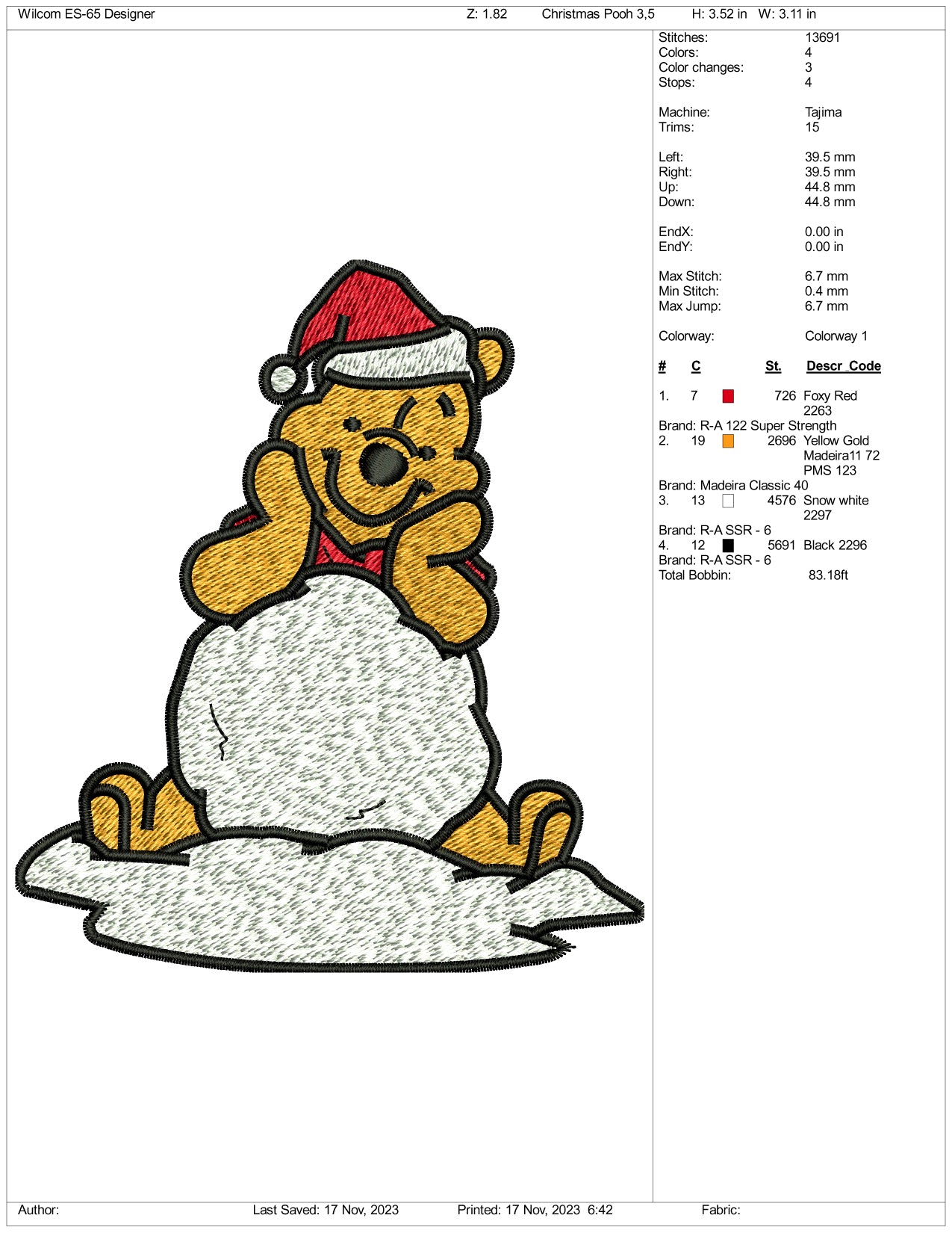 Santa Pooh Embroidery Design Files - 3 Size's