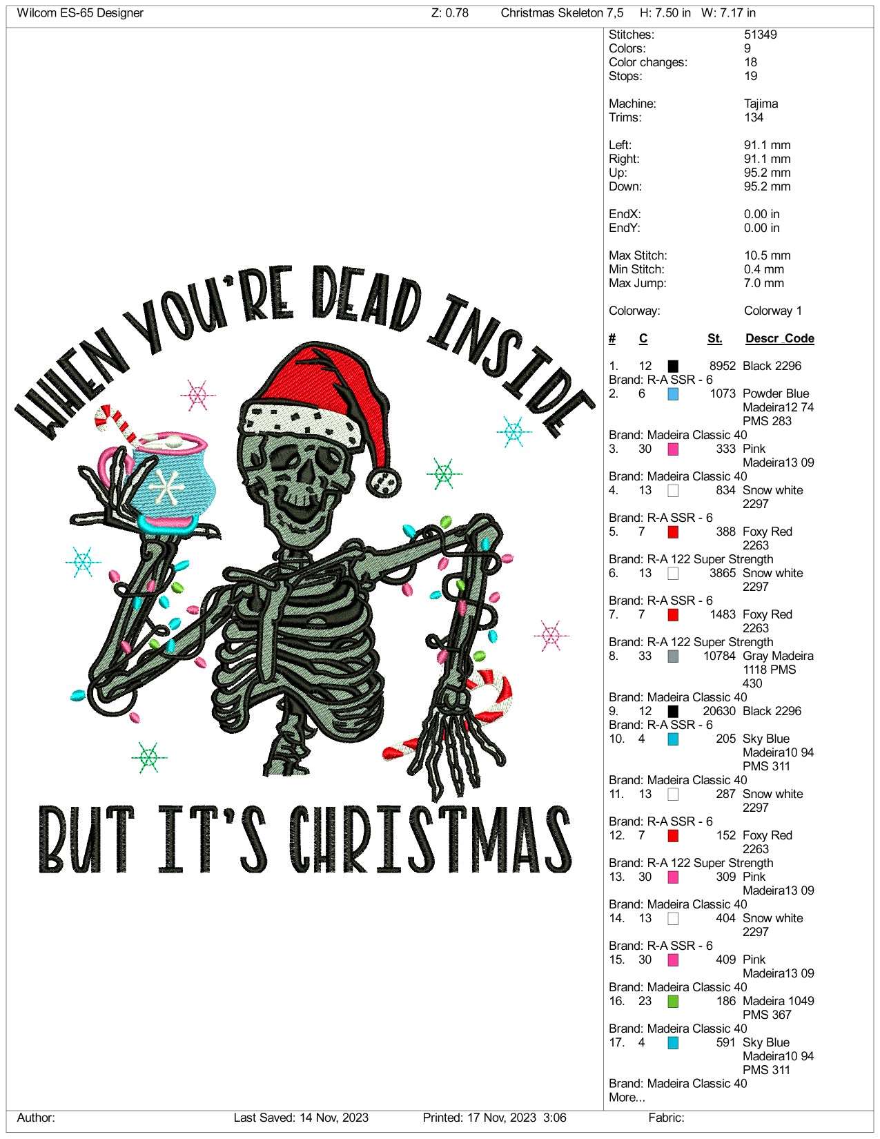 christmas skeleton Embroidery Design Files - 3 Size's