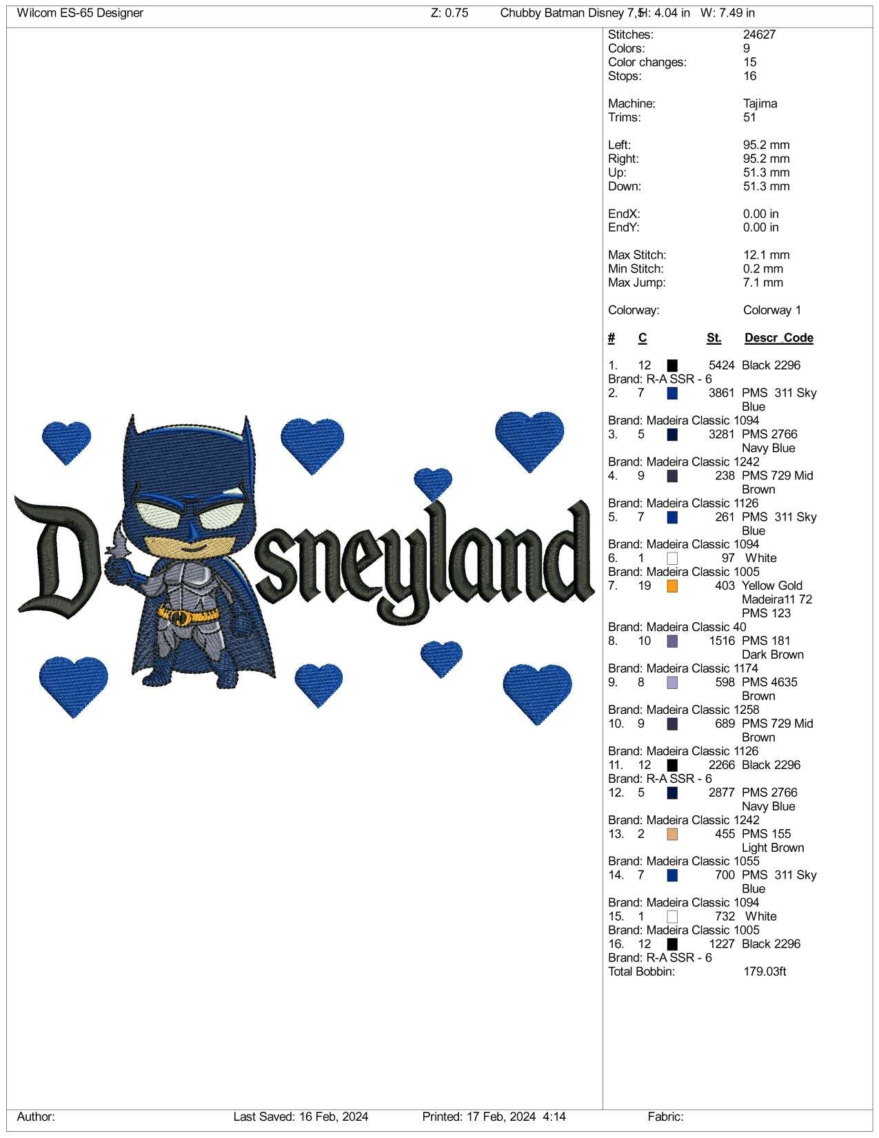 Chibi Batman Disneyland Embroidery Design Files - 3 Size's