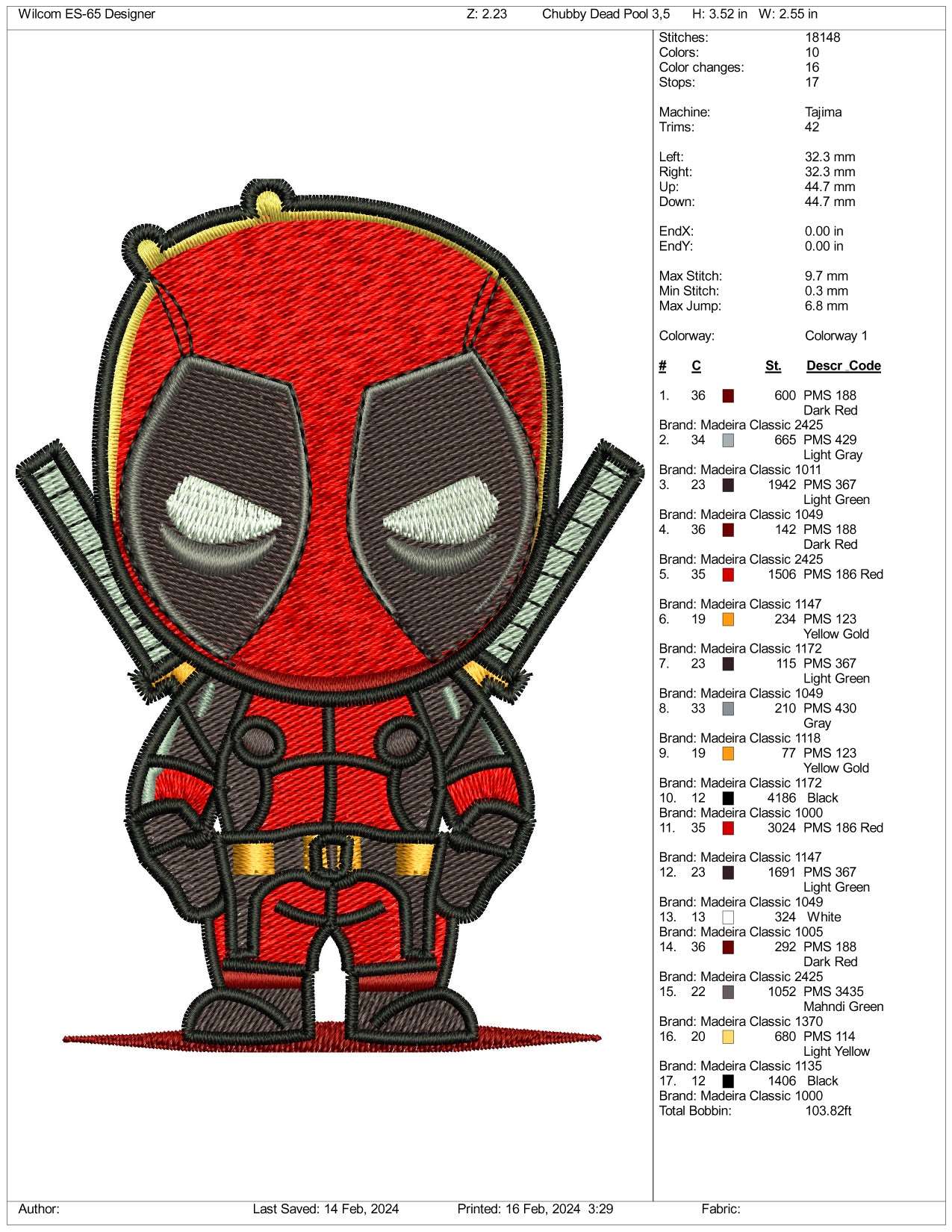 Chibi Deadpool Embroidery Design Files - 3 Size's