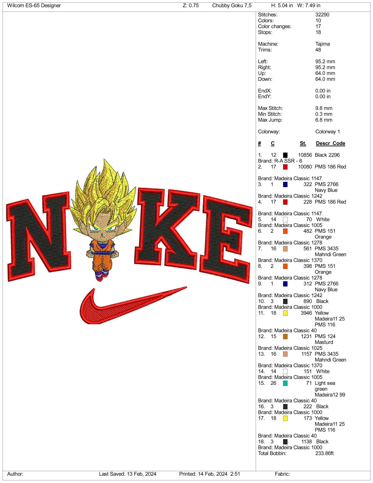 Nike Chibi Saiyan Goku Embroidery Design Files - 3 Size's