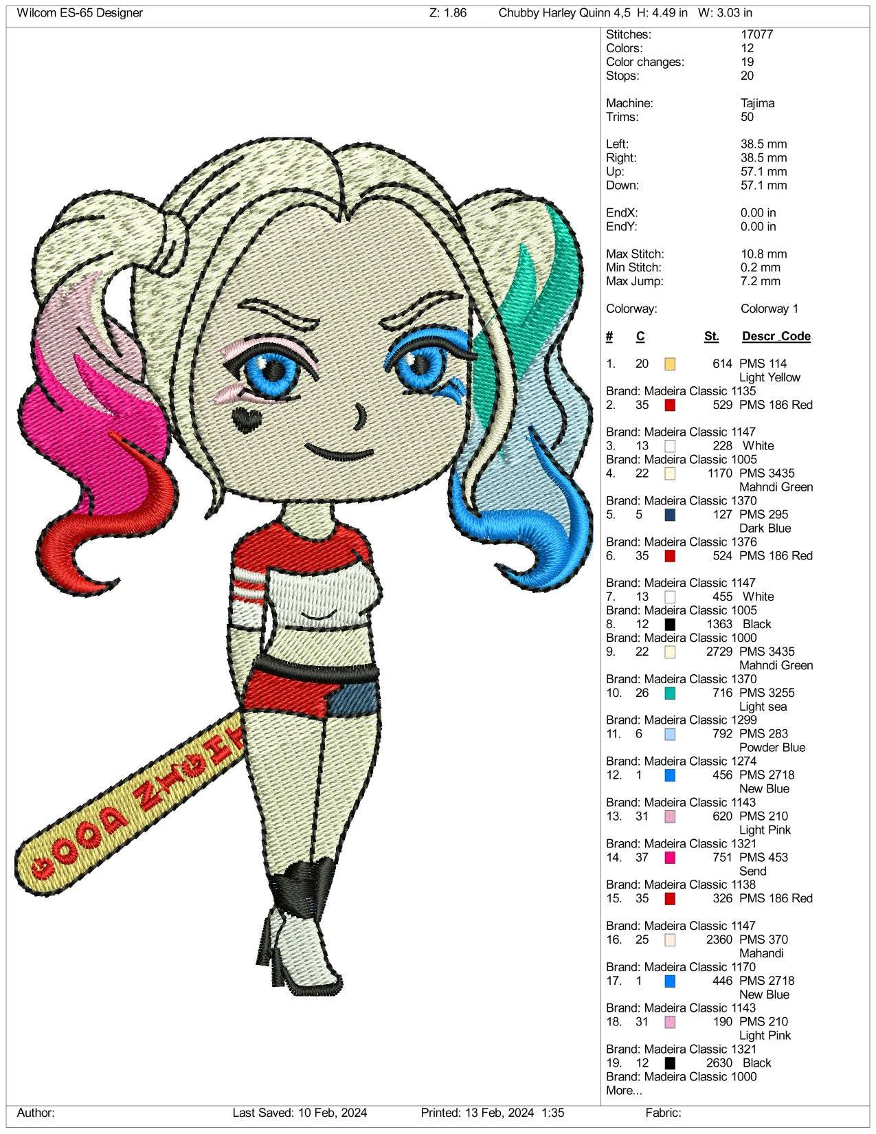 Chibi Harley Quinn Embroidery Design Files - 3 Size's