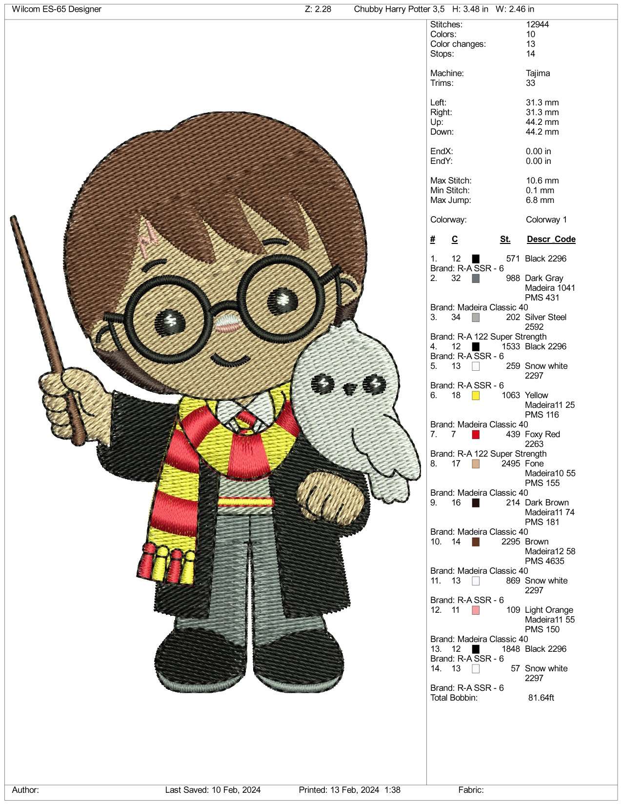 Chibi Harry Potter v2 Embroidery Design Files - 3 Size's