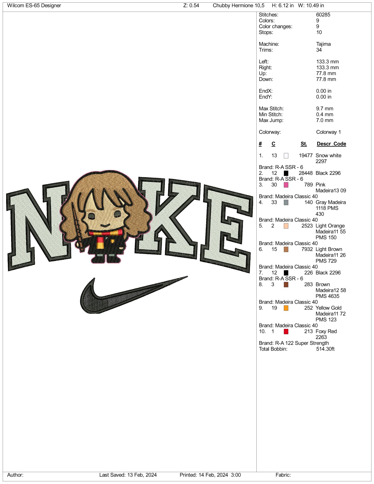 Nike Chibi Hermione Granger v2 Embroidery Design Files - 3 Size's