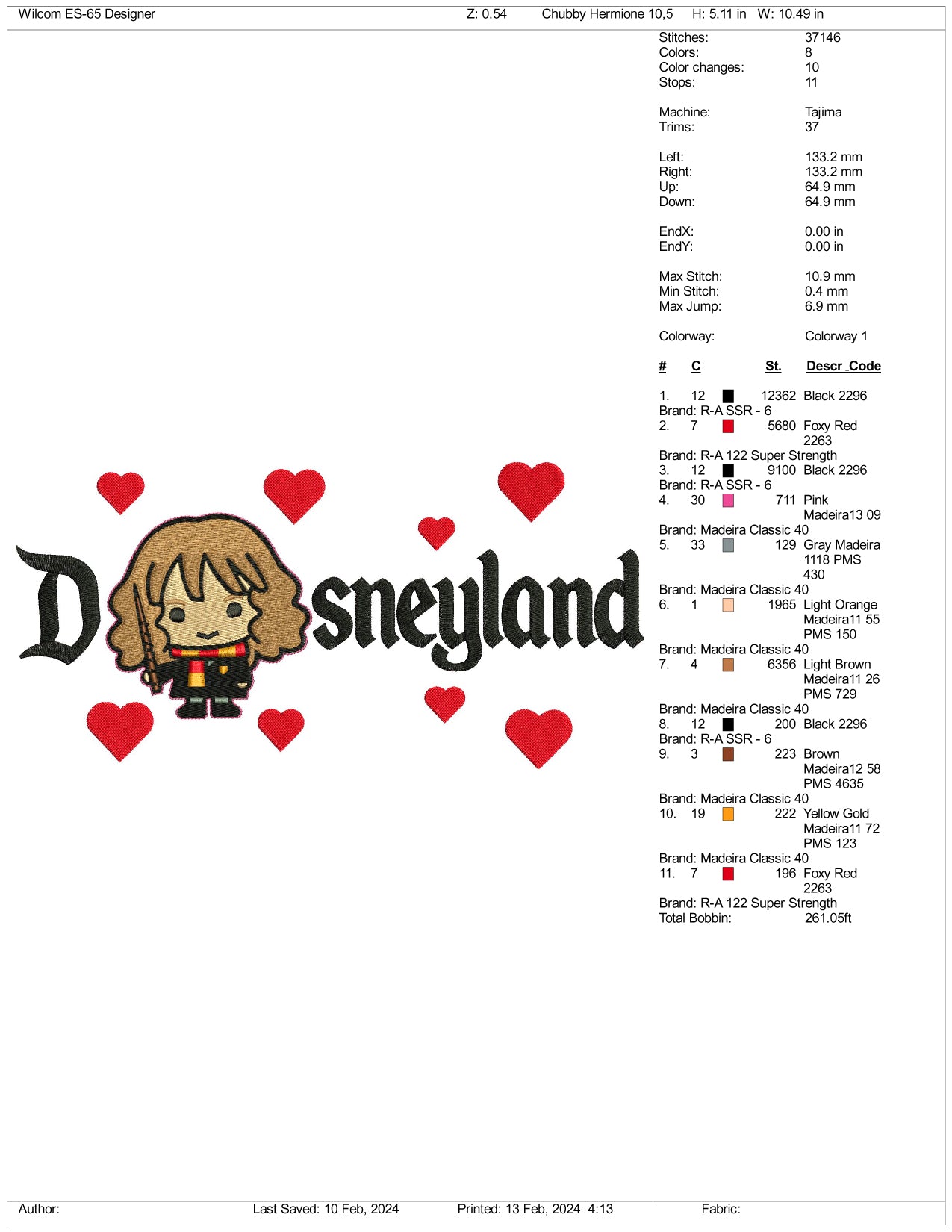 Chibi Hermione Granger v2 Disneyland Embroidery Design Files - 3 Size's