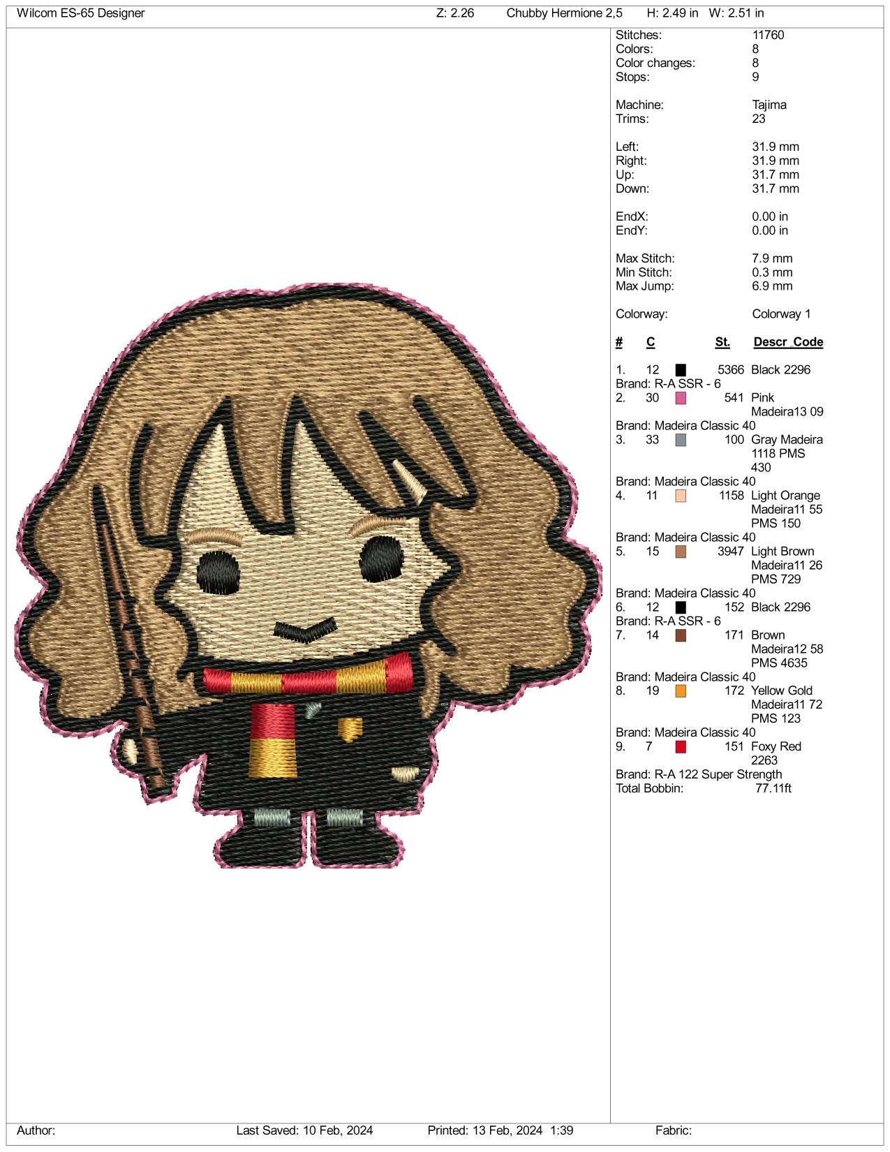 Chibi Hermione Granger v2 Embroidery Design Files - 3 Size's