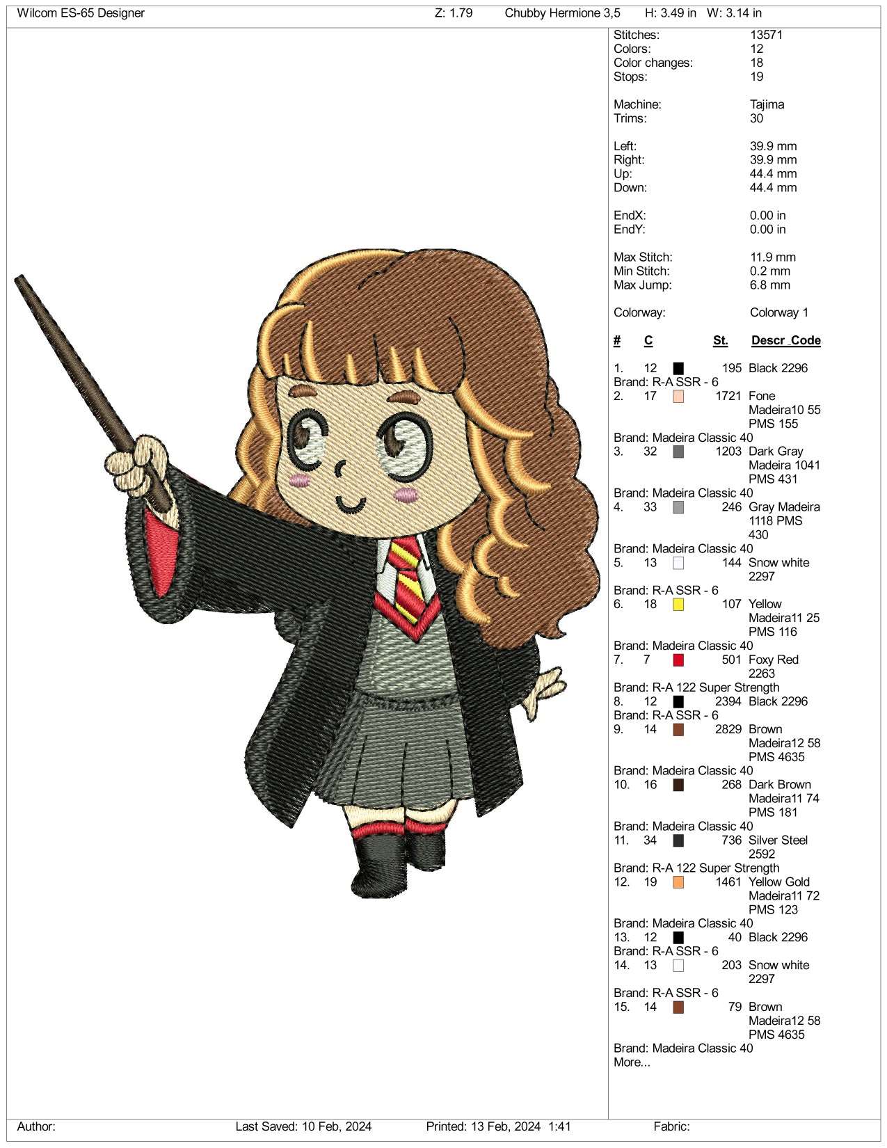 Chibi Hermione Granger Embroidery Design Files - 3 Size's