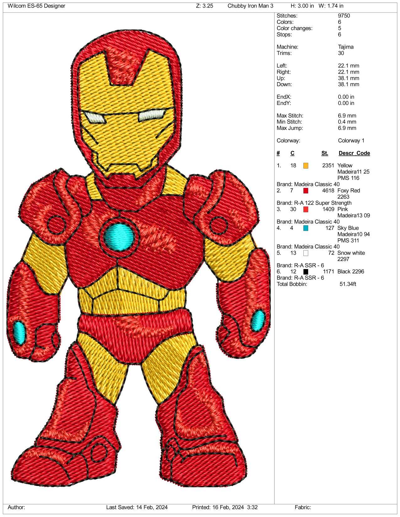 Chibi Iron Man Embroidery Design Files - 3 Size's