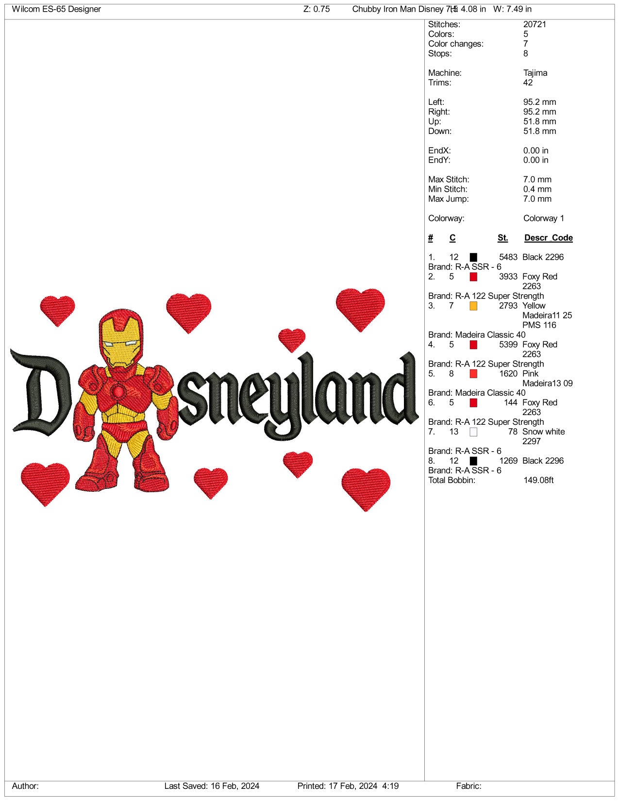 Chibi Iron Man Disneyland Embroidery Design Files - 3 Size's