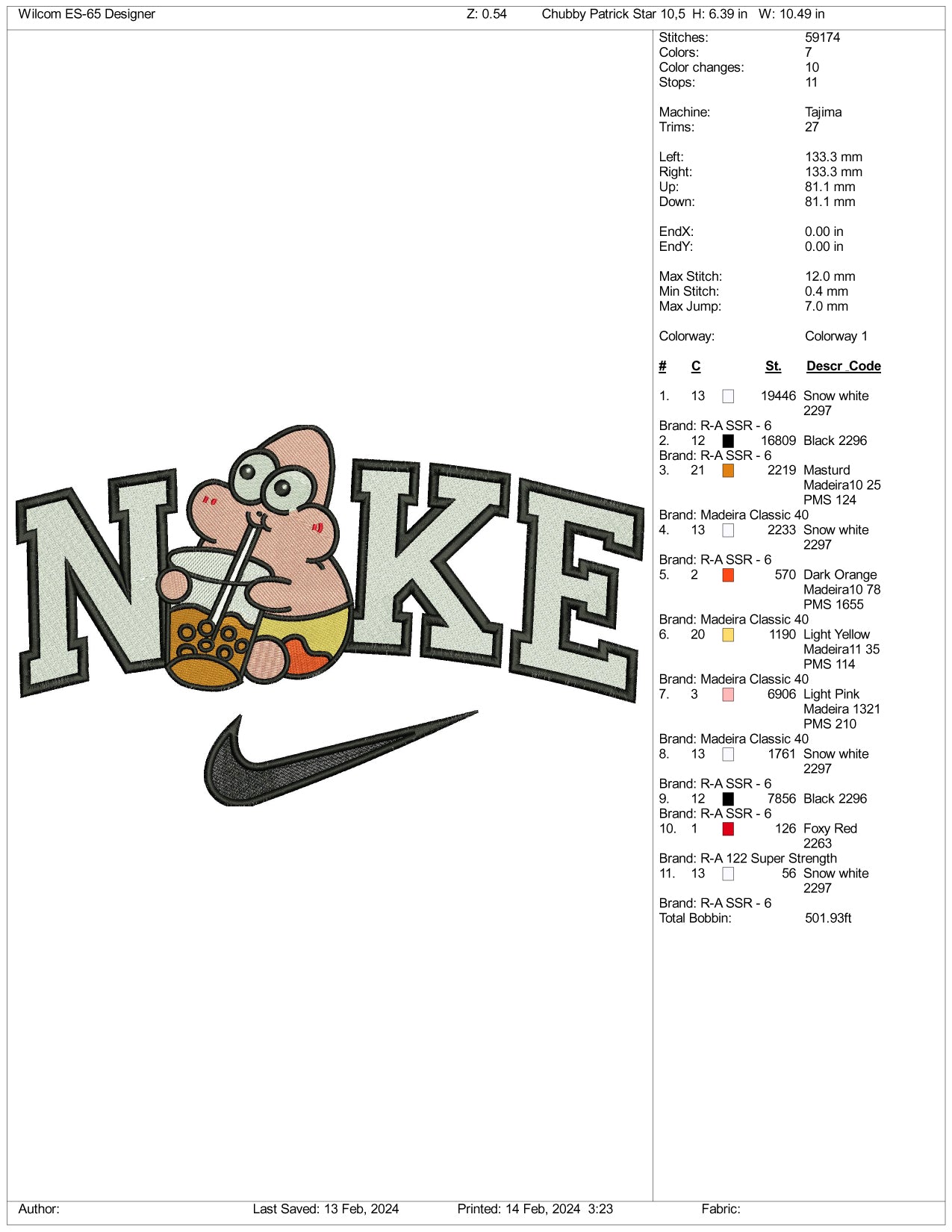 Nike Chibi Patrick Star Embroidery Design Files - 3 Size's