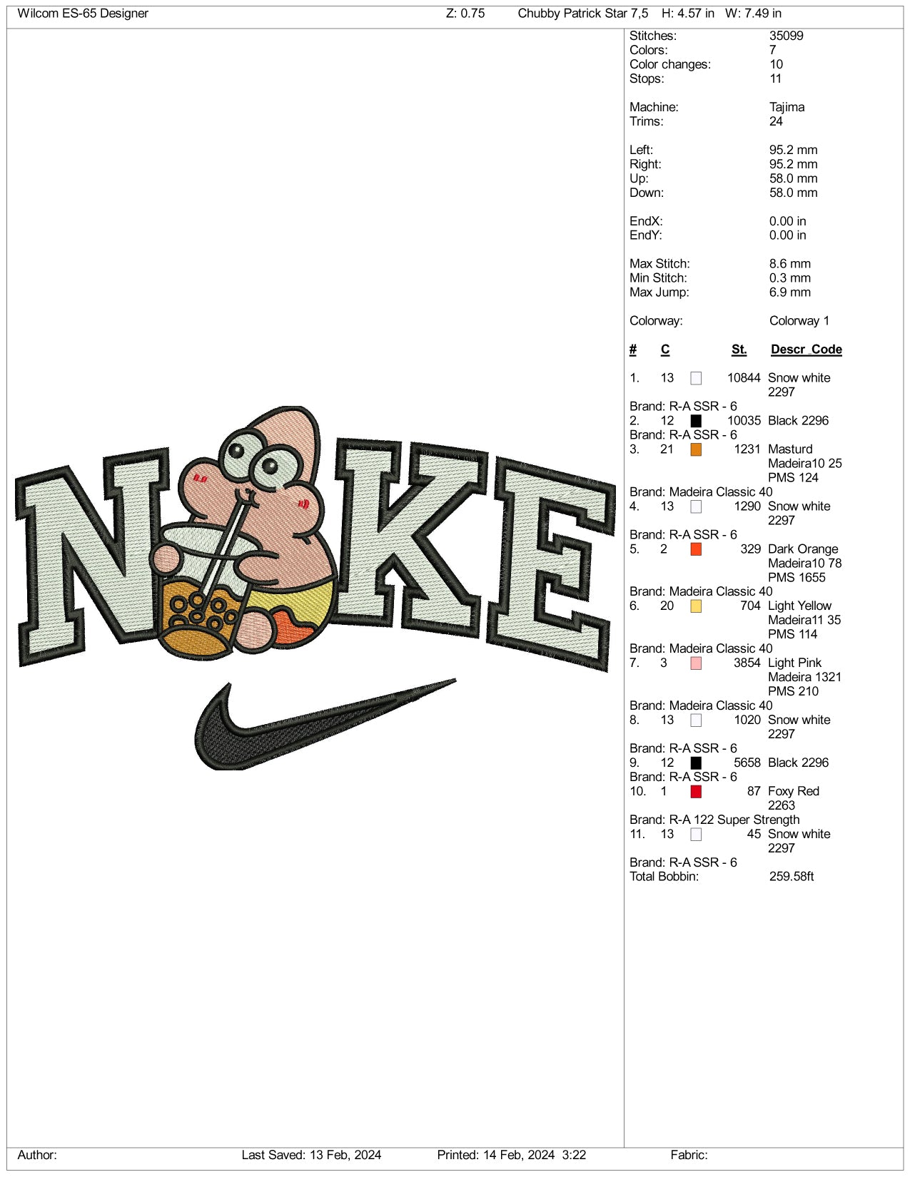 Nike Chibi Patrick Star Embroidery Design Files - 3 Size's