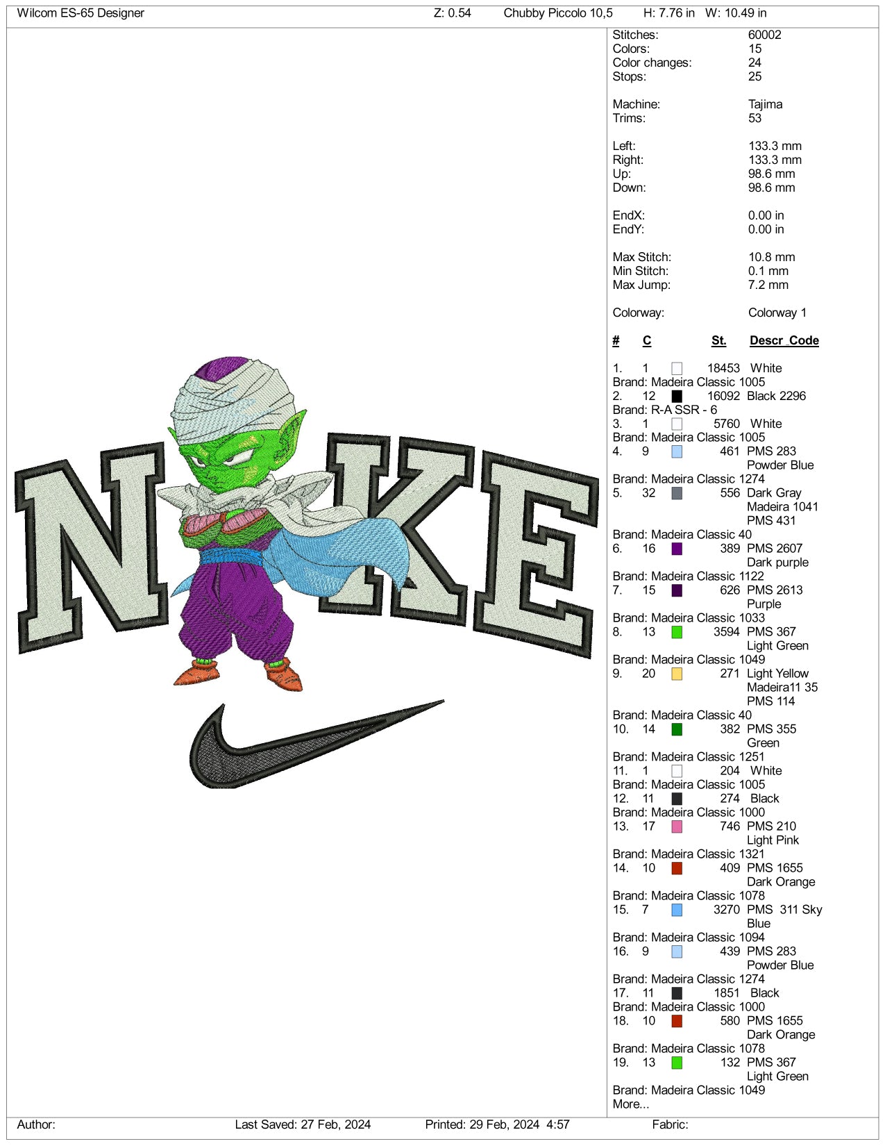 Nike Chibi Piccolo Embroidery Design Files - 3 Size's