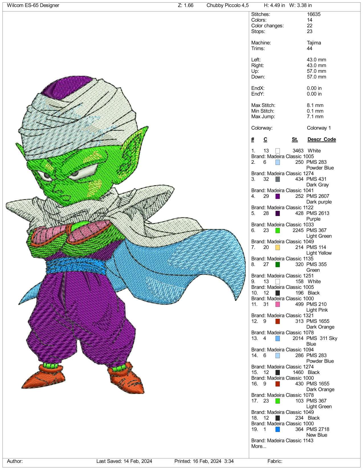 Chibi Piccolo Embroidery Design Files - 3 Size's