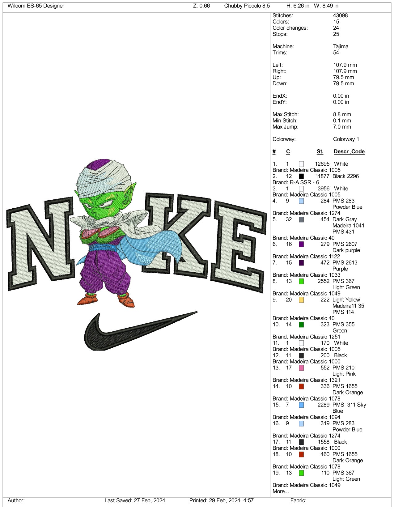 Nike Chibi Piccolo Embroidery Design Files - 3 Size's