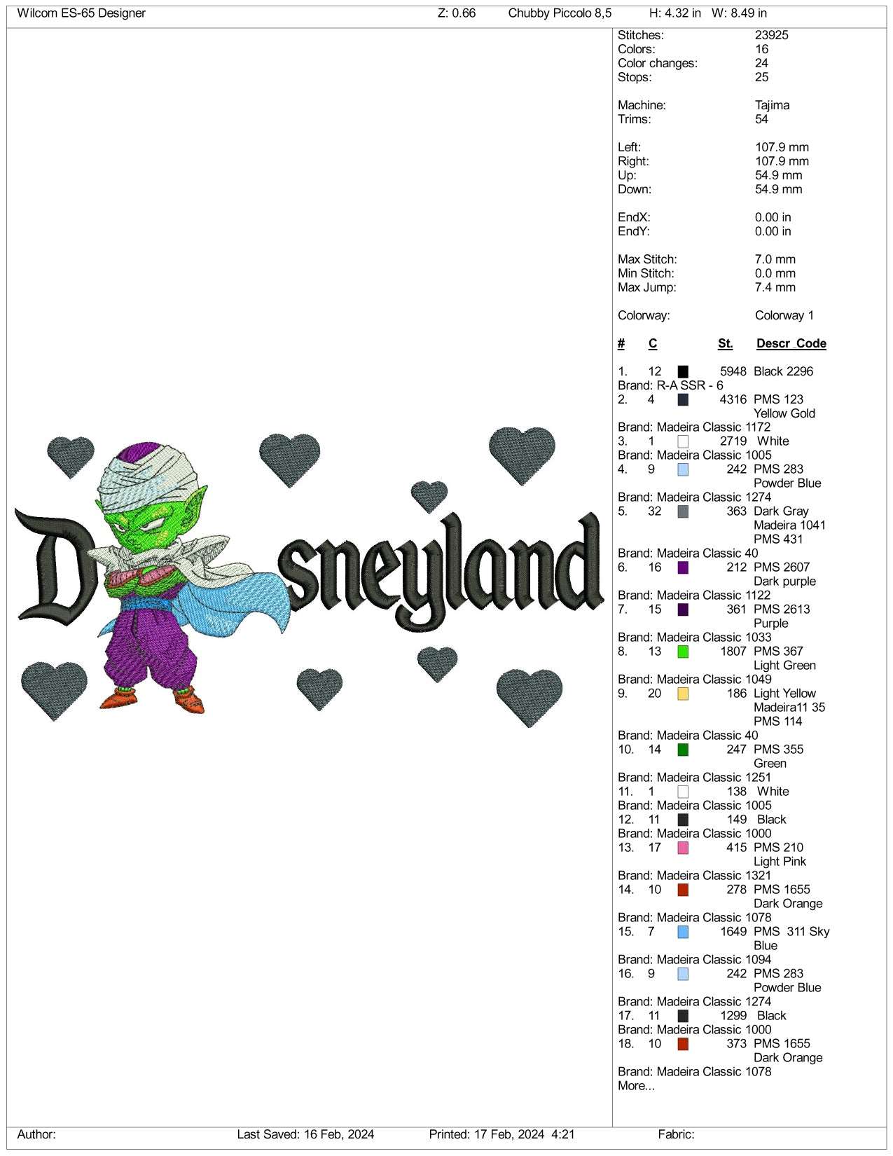 Chibi Piccolo Disneyland Embroidery Design Files - 3 Size's