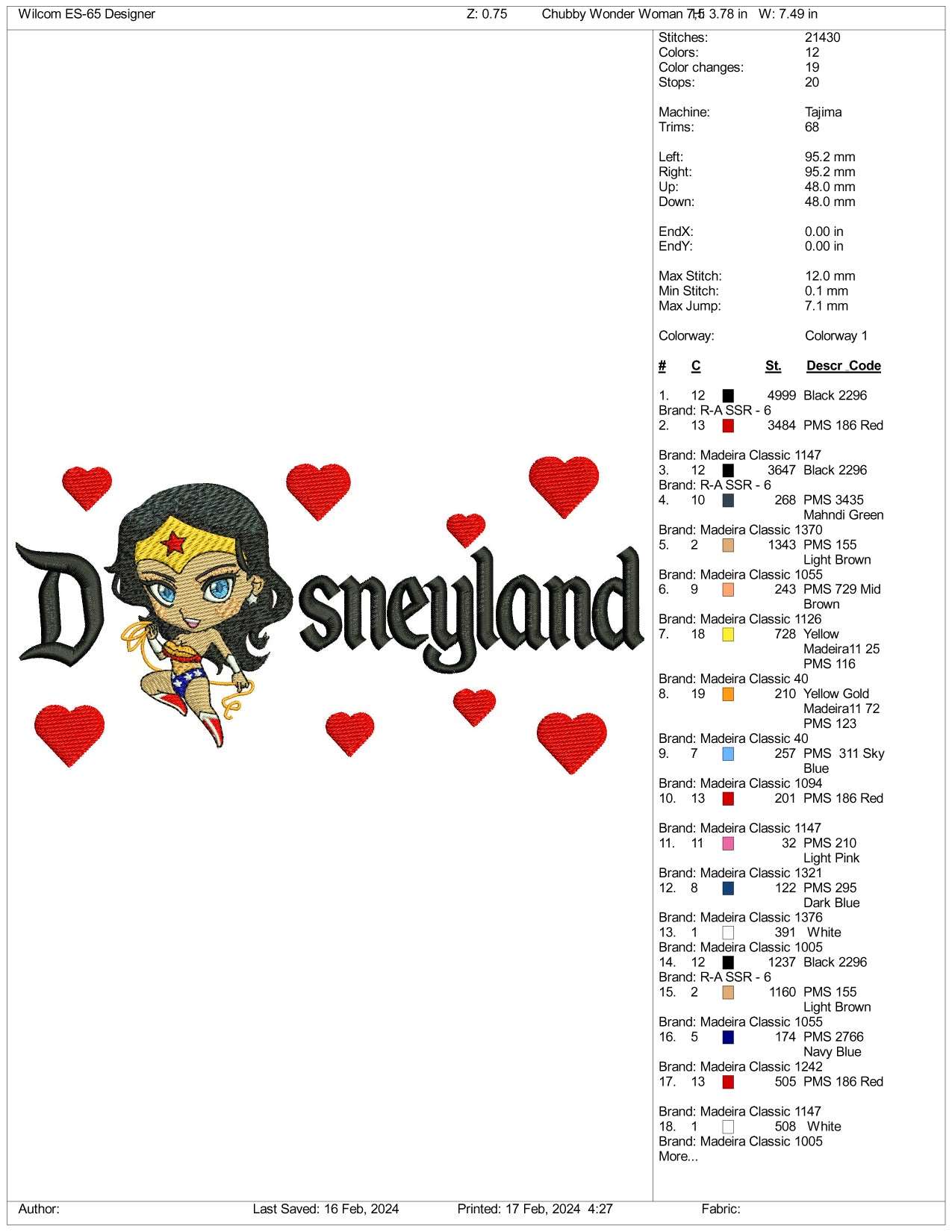 Chibi Wonder Woman Disneyland Embroidery Design Files - 3 Size's